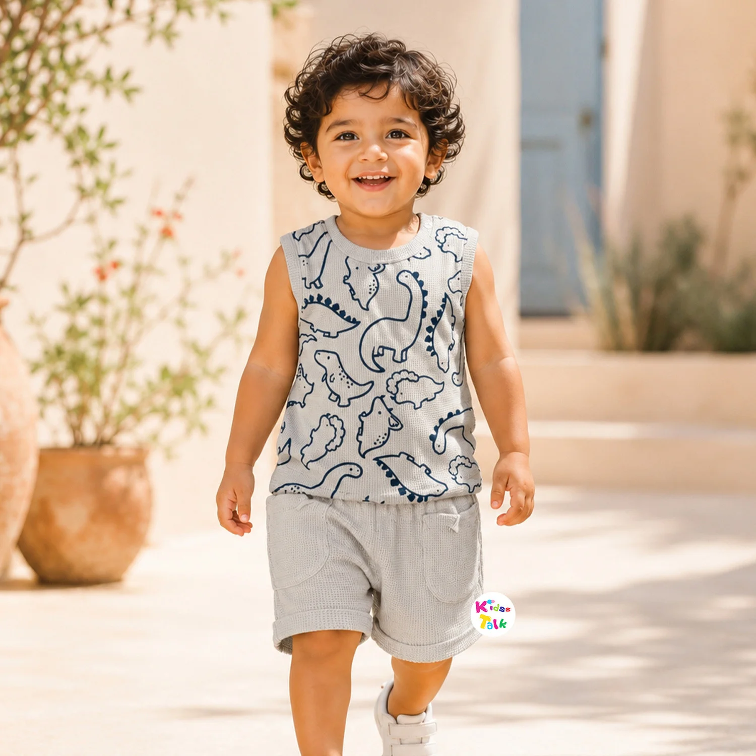 Cotton Half Sleeve T-shirt Set With Cute All Over Print - Grey