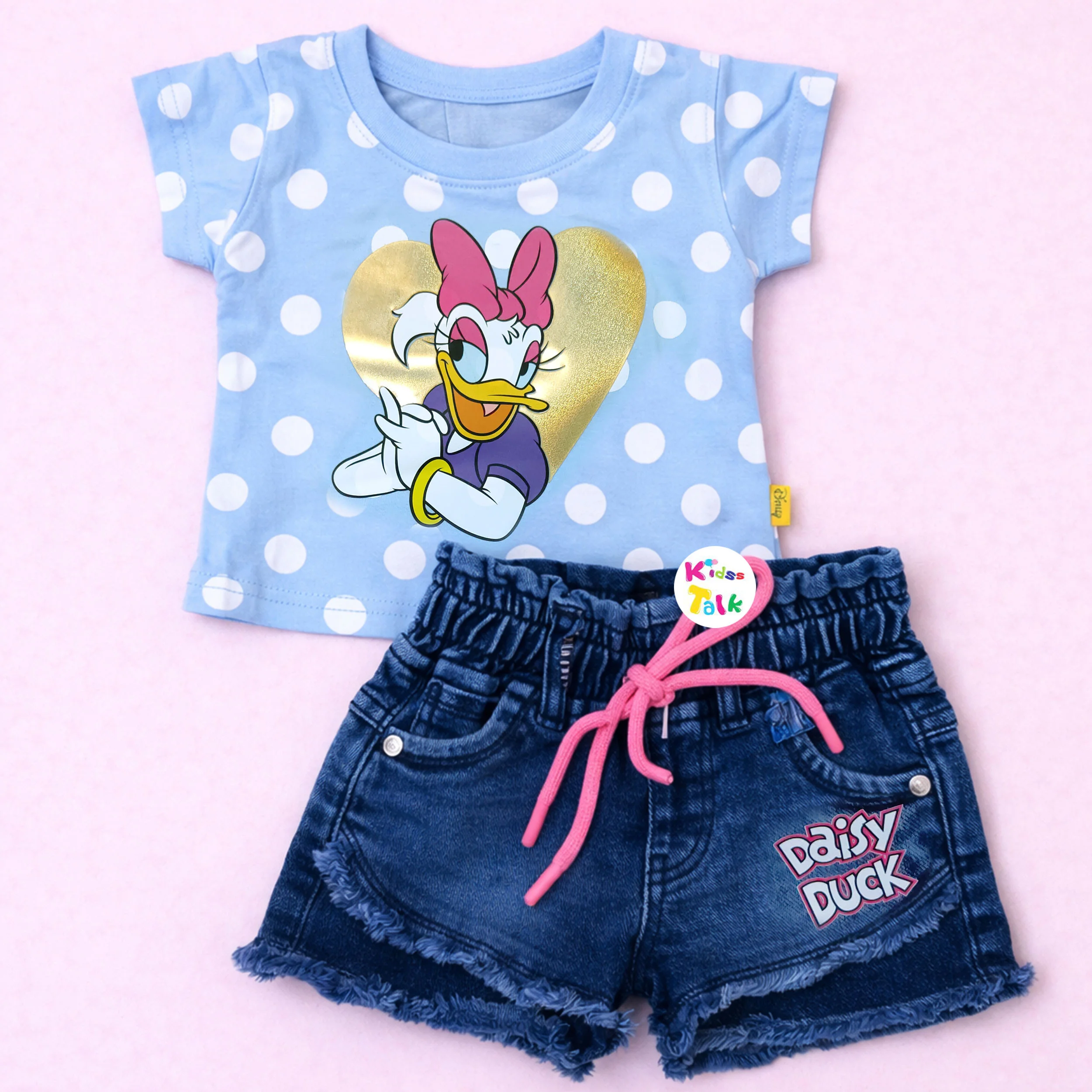 Cotton Knitted Half Sleeve T-shirt Set With Cute Print - Ice Blue