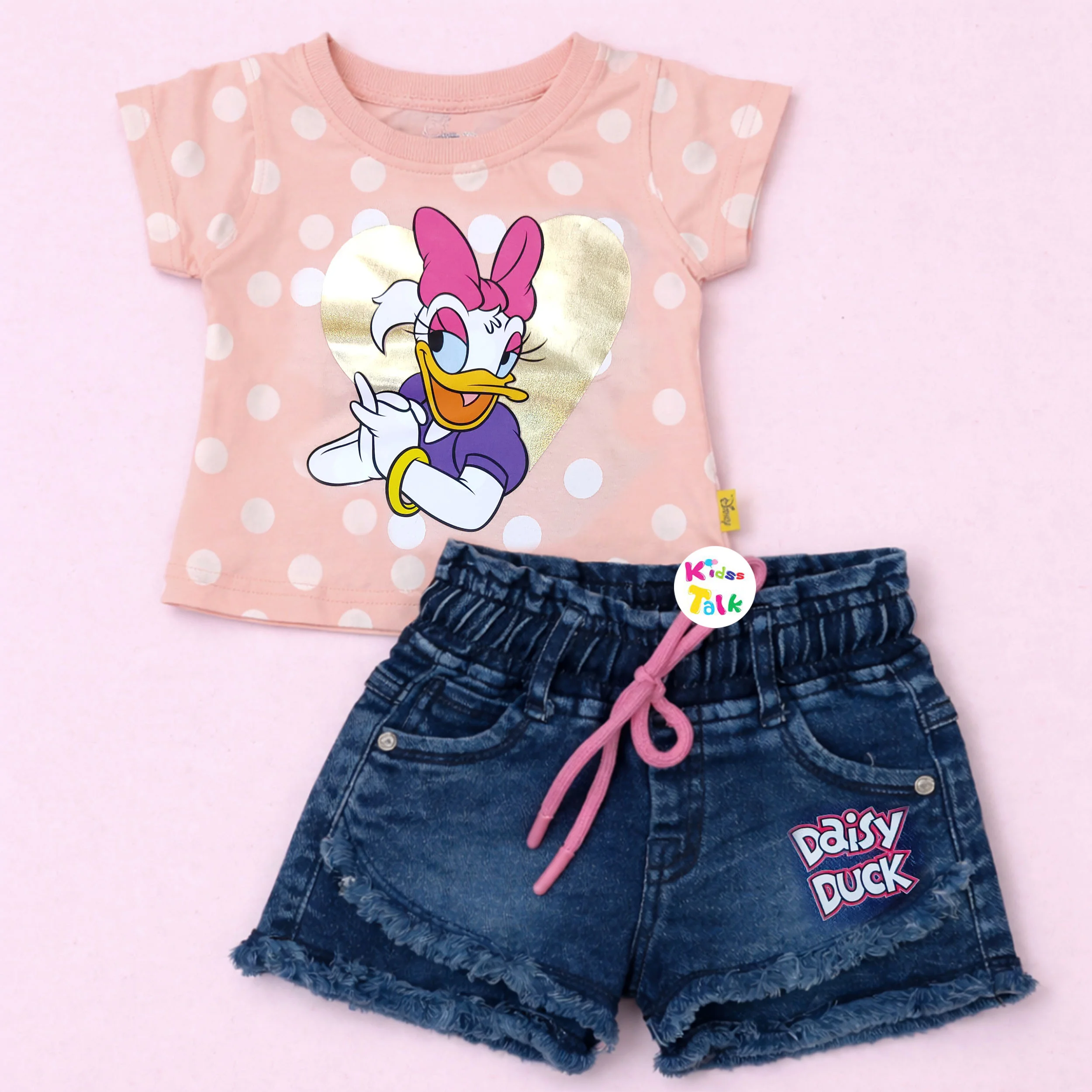 Cotton Knitted Half Sleeve T-shirt Set With Cute Print - Peach