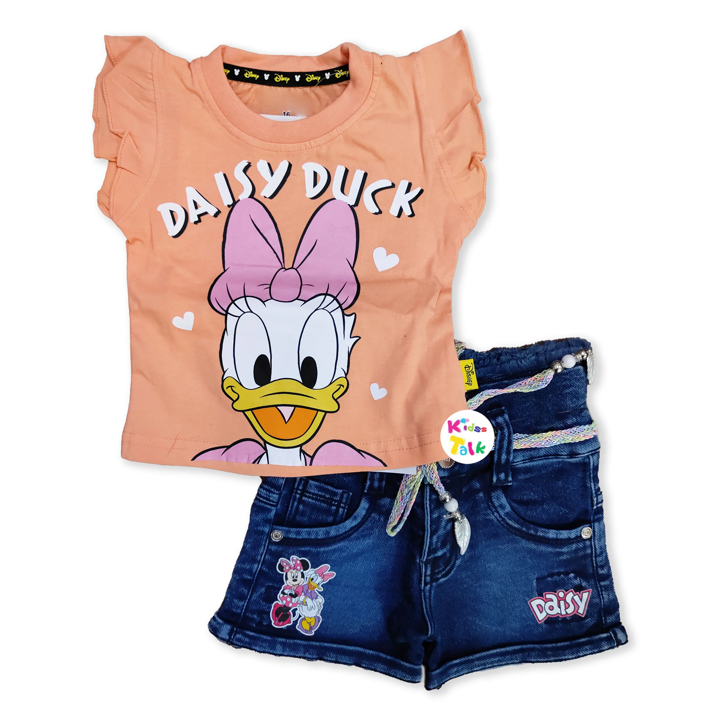 Cotton Knitted Half Sleeve T-shirt Set With Cute Print - Orange