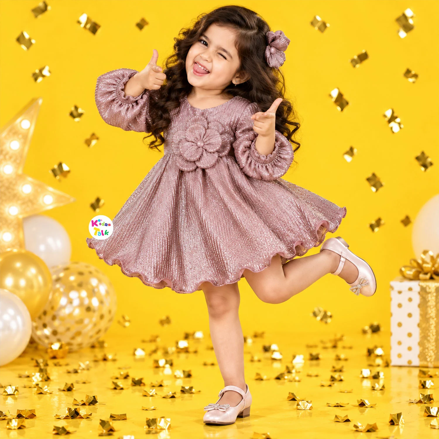 Shimmer Balloon Sleeve Party Frock With Flower Applique - Onion Pink