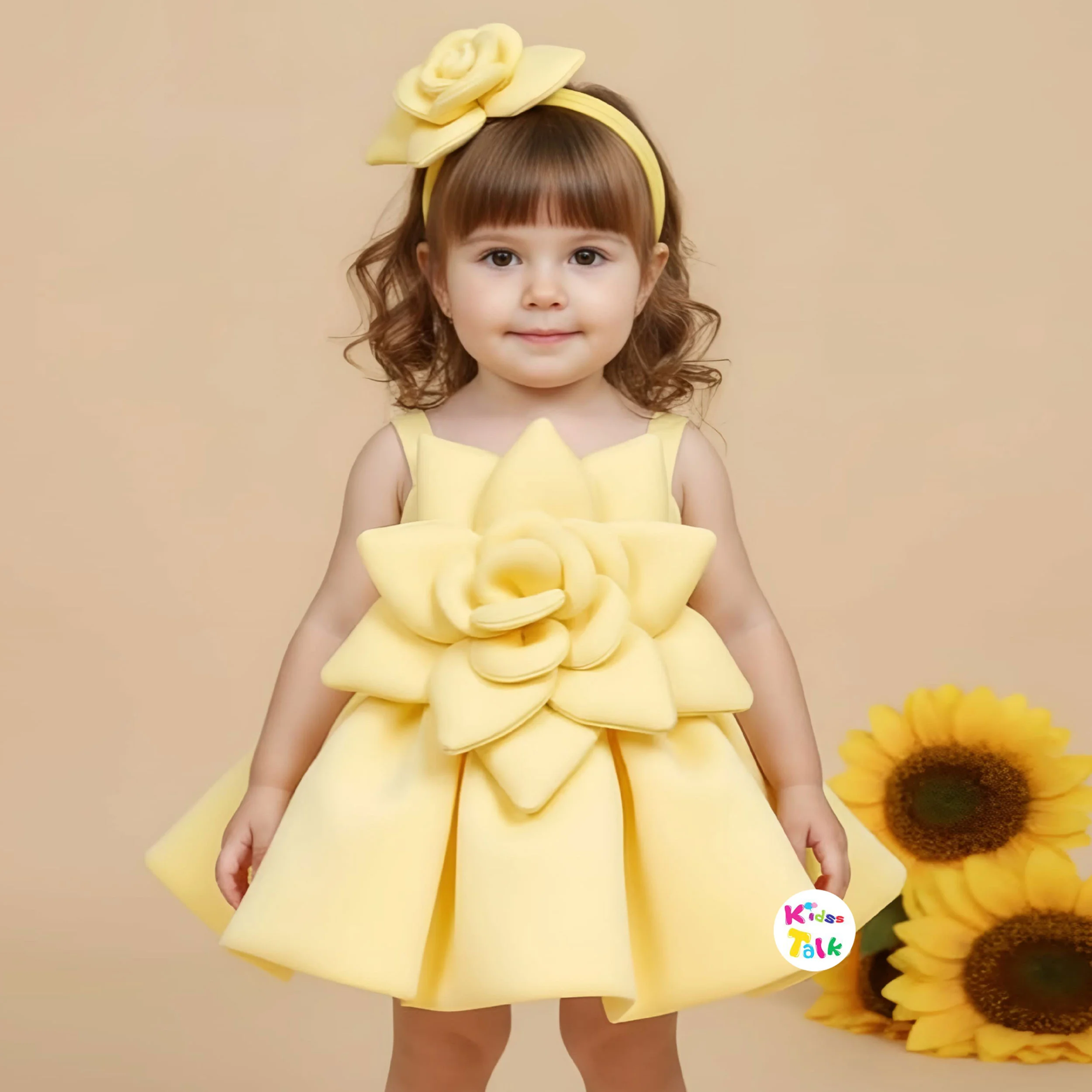 Scuba Sleeveless Party Frock With Flower Applique - Lemon Yellow