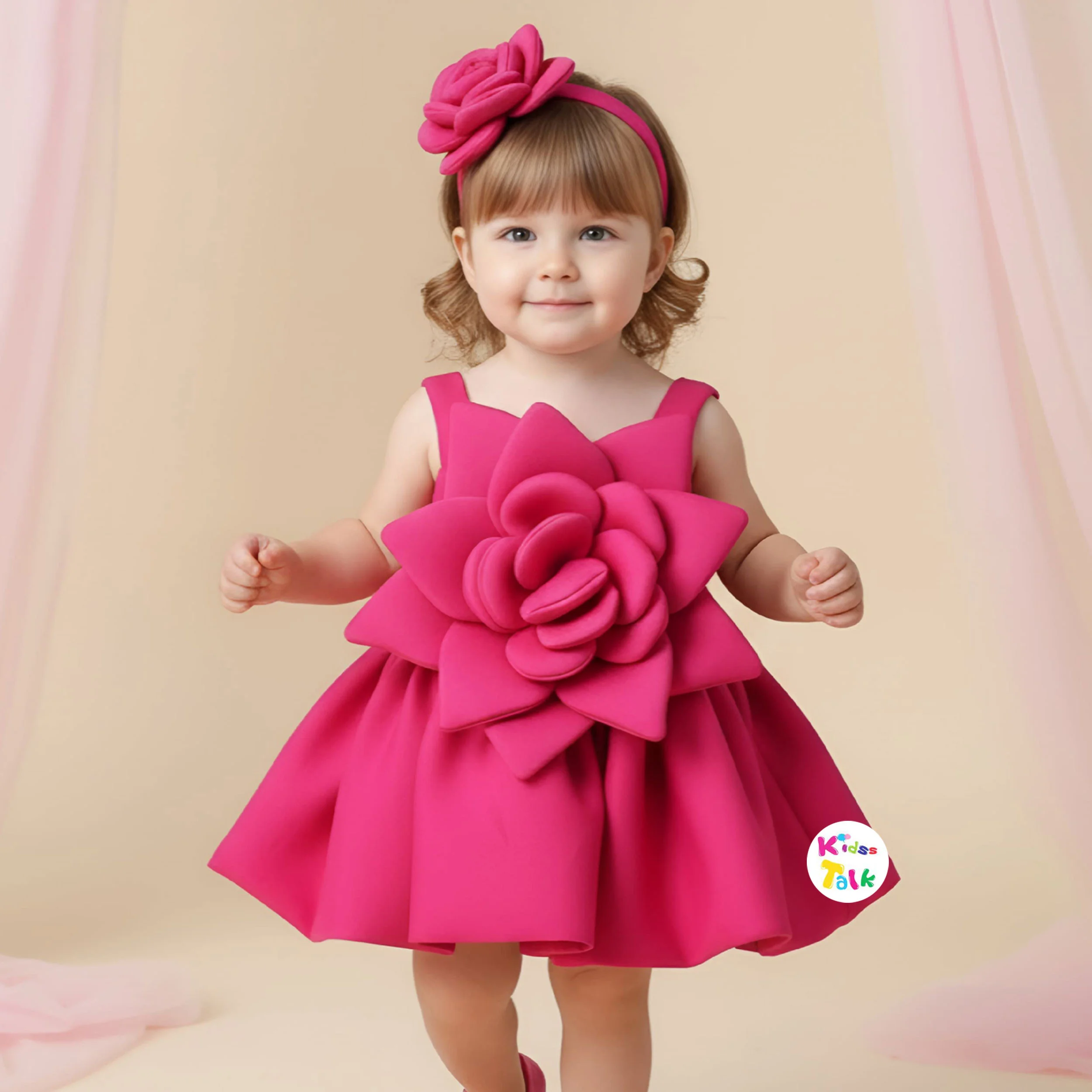 Scuba Sleeveless Party Frock With Flower Applique - Hot Pink