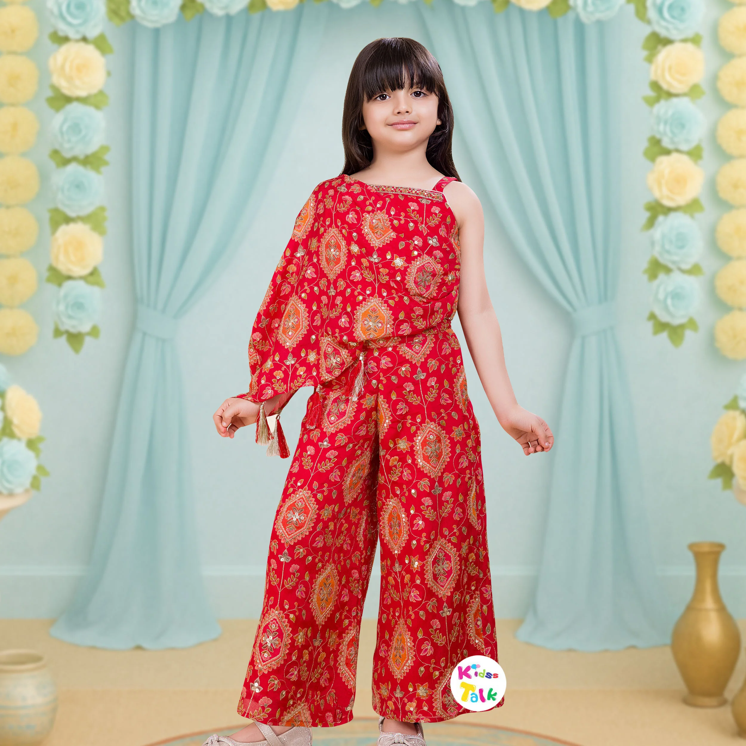 Georgette Sleeveless Cute Zardhosi Work Top With Gharara & Dupatta - Red