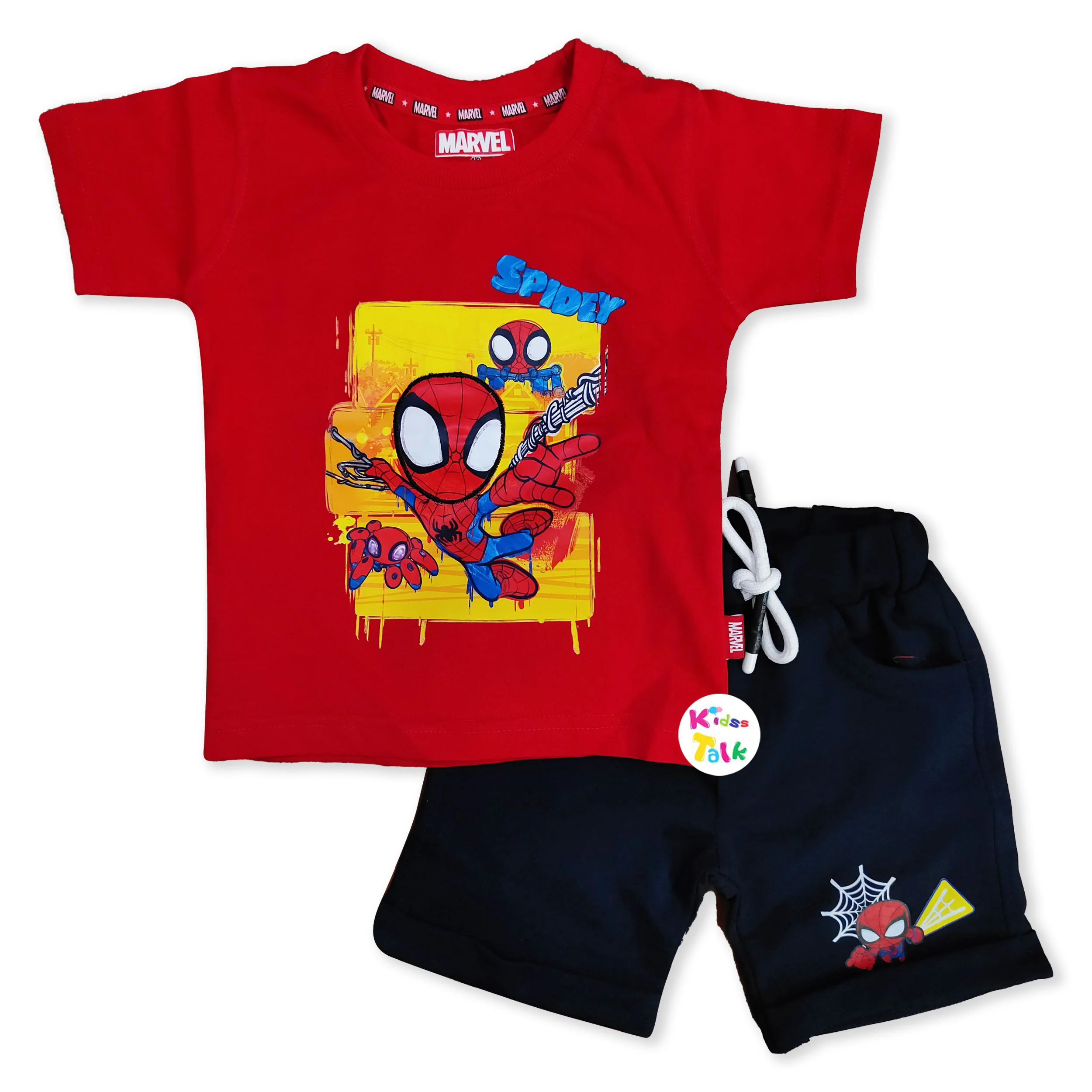 Cotton Knitted Half Sleeve T-shirt Set With Cute Print - Red