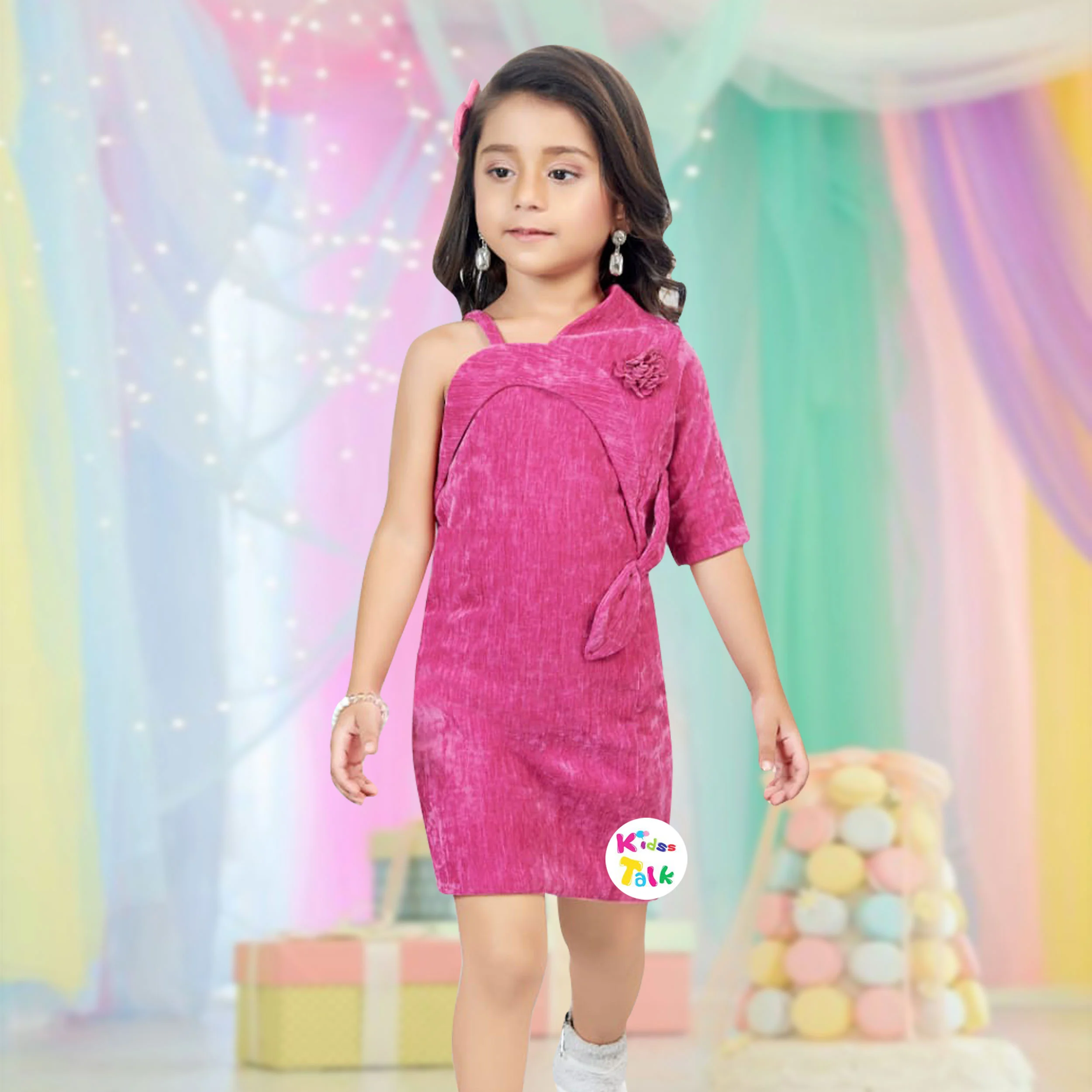 Velvet Sleeveless Party Frock With Flower Applique - Hot Pink
