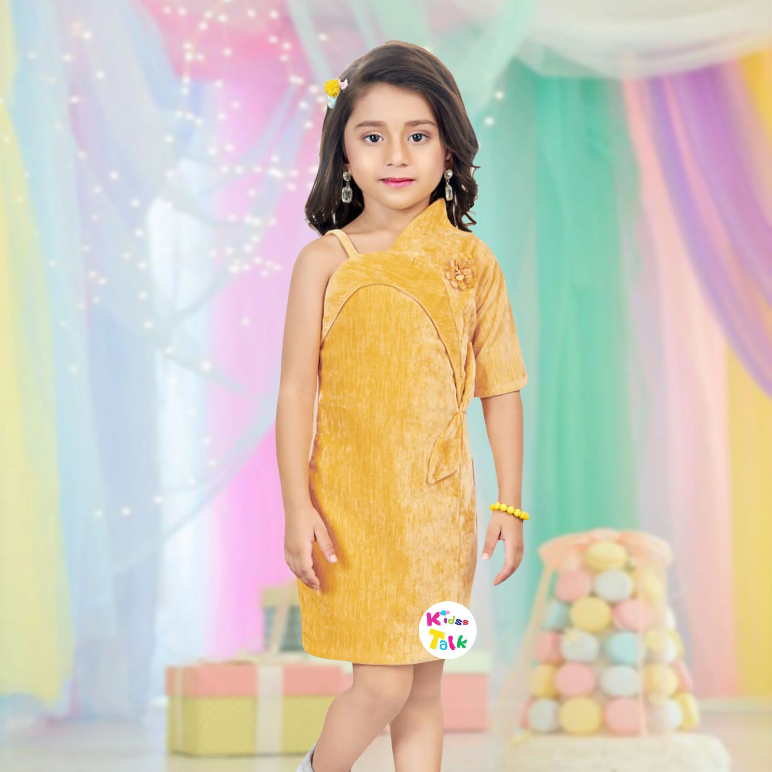 Velvet Sleeveless Party Frock With Flower Applique - Mustard