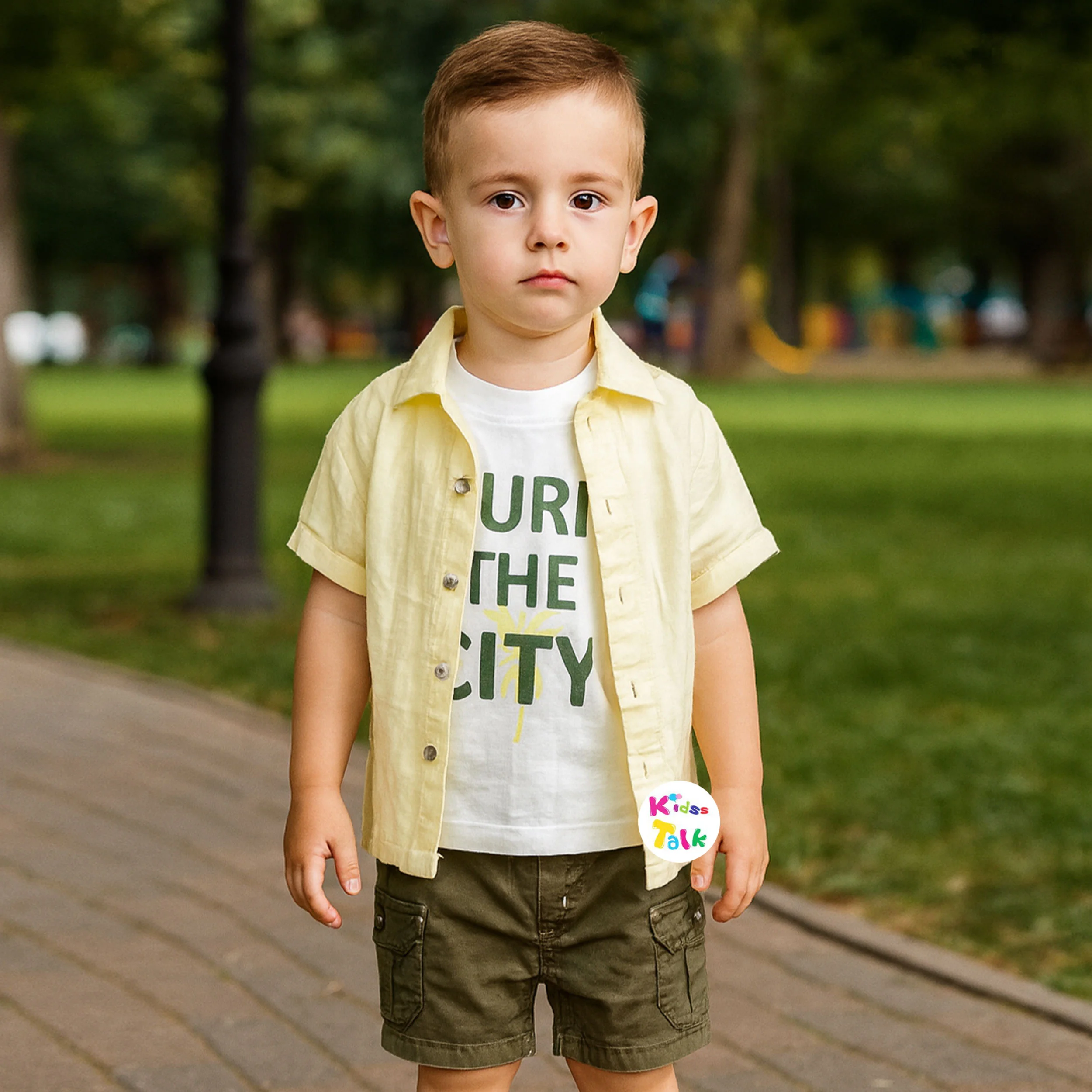 Muslin Half Sleeve Shirt With T-shirt & Half Pant- Lemon Yellow