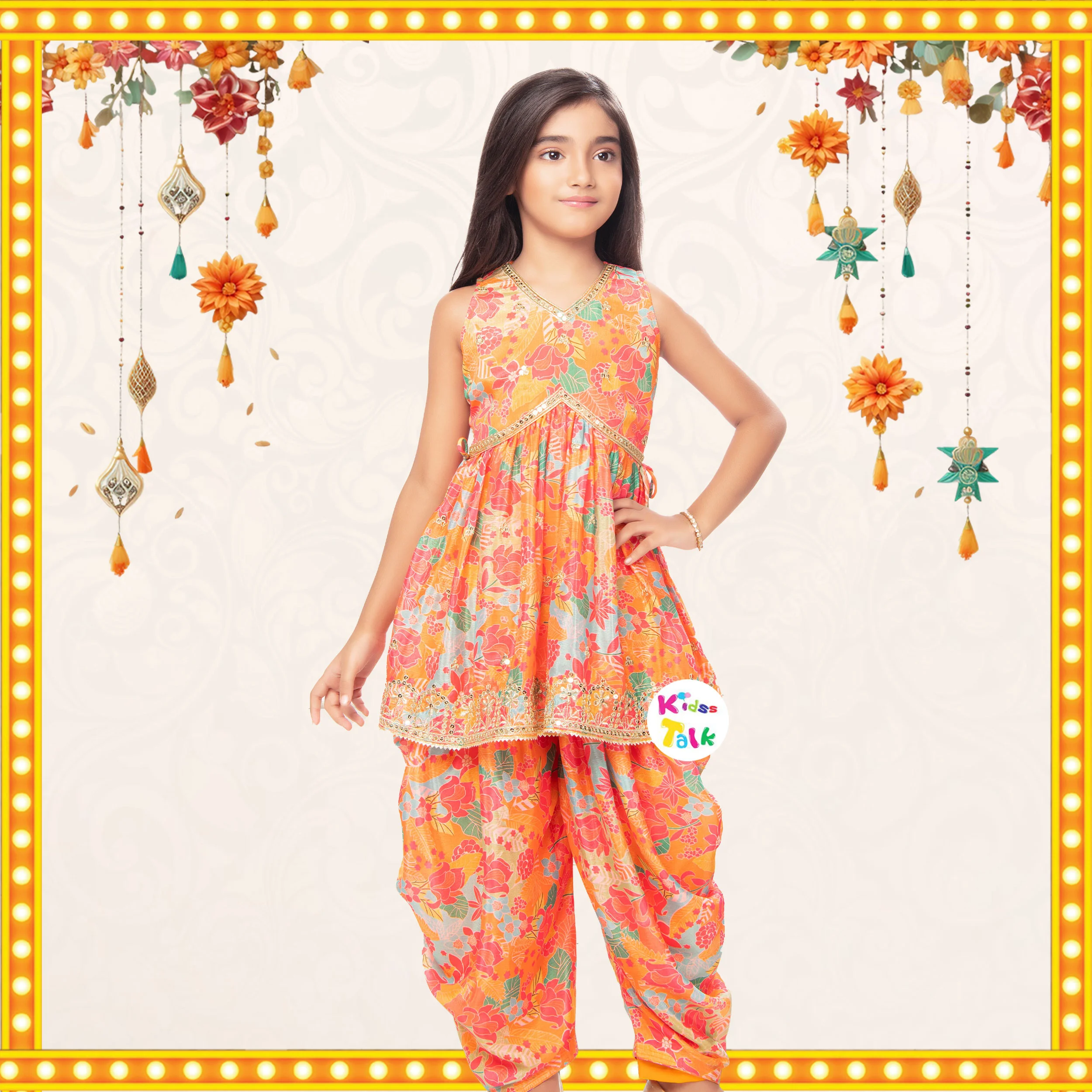 Georgette Zardosi Sleeveless Alia Cut Kurta With Dhoti & Dupatta - Orange