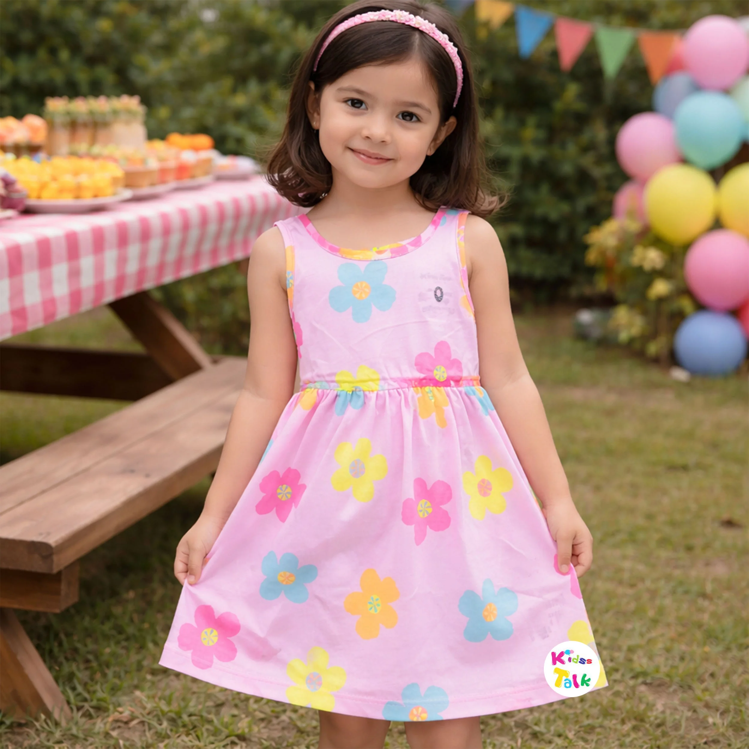 Cotton Knitted Sleeveless Frock With Floral Printed - Baby Pink