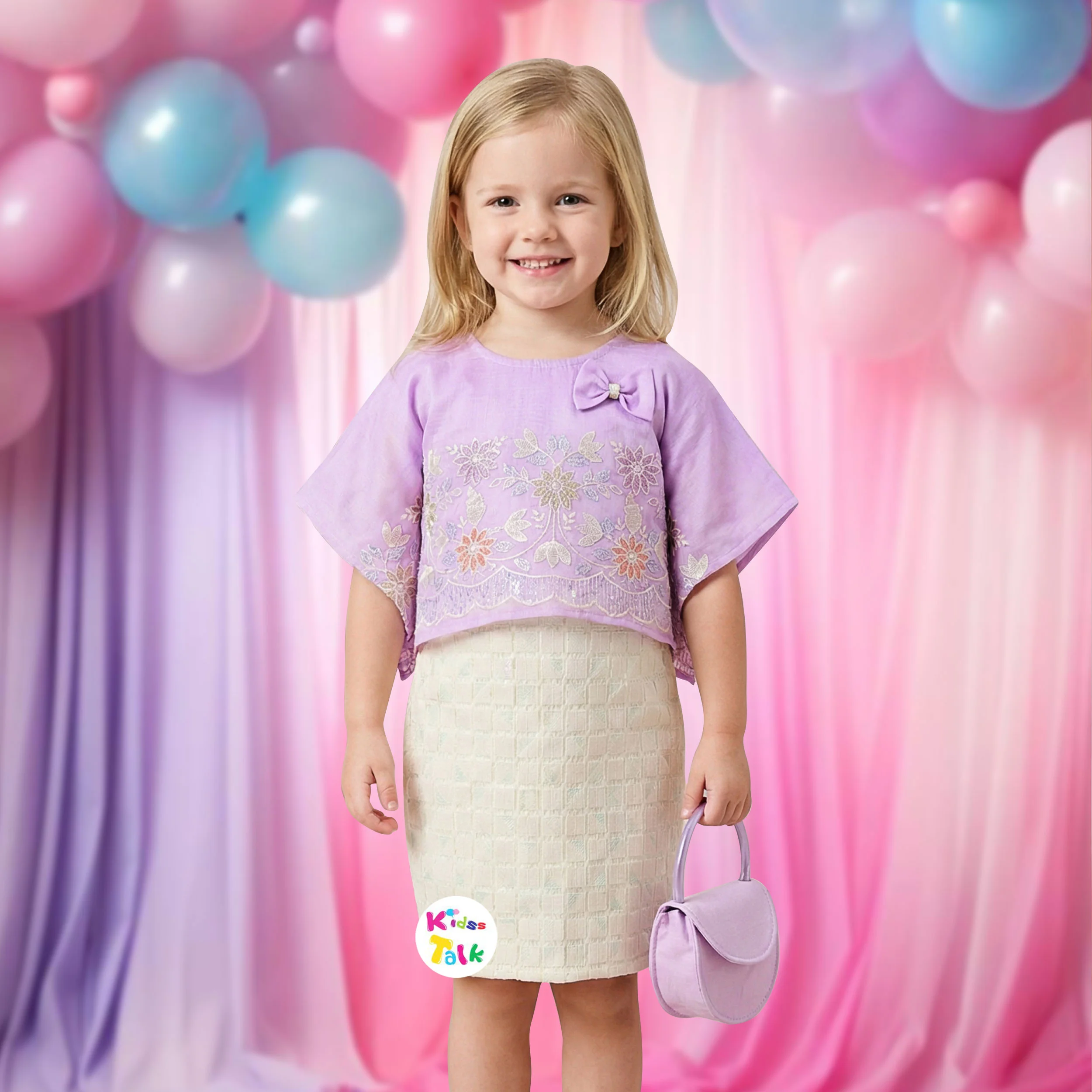 Cotton Half Sleeve Top With Embroidered & Skirt - Lavender