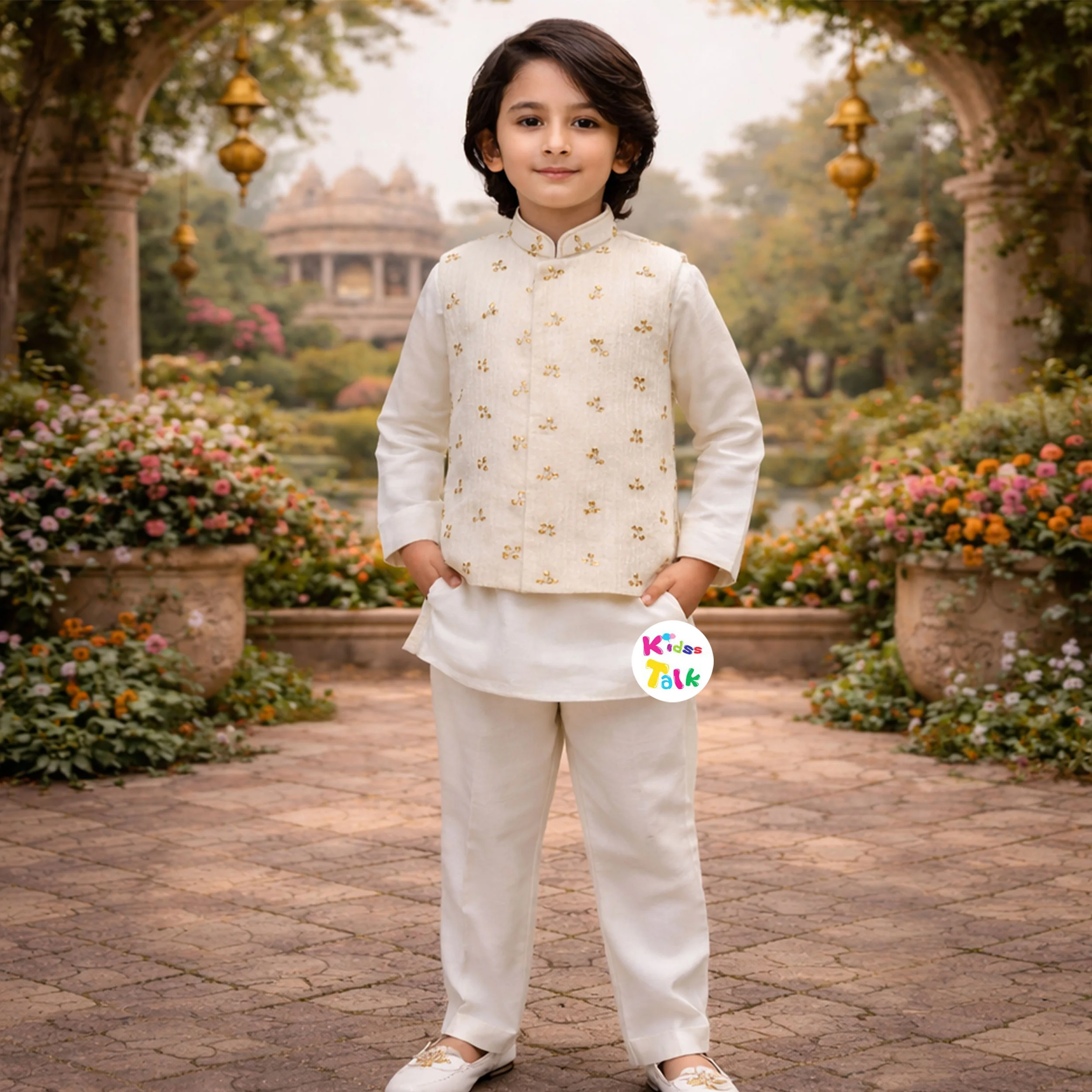 Cotton Silk Full Sleeve Kurta With Foil Printed Jacket & Pyjama - White