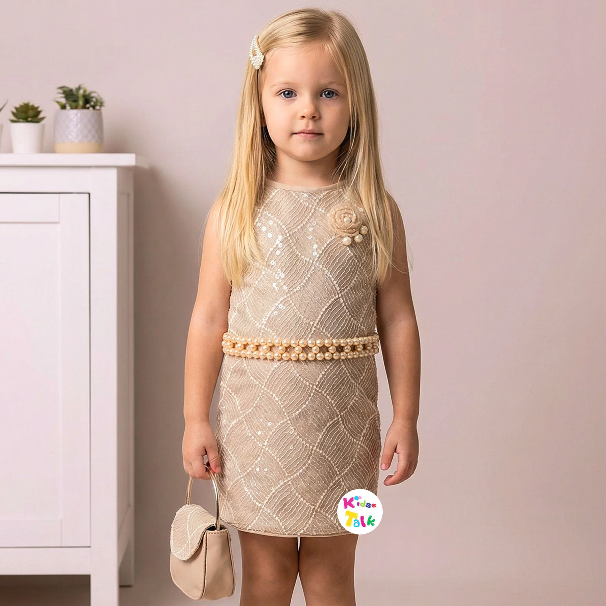 Sequins Sleeveless Party Frock With Flower Applique - Beige