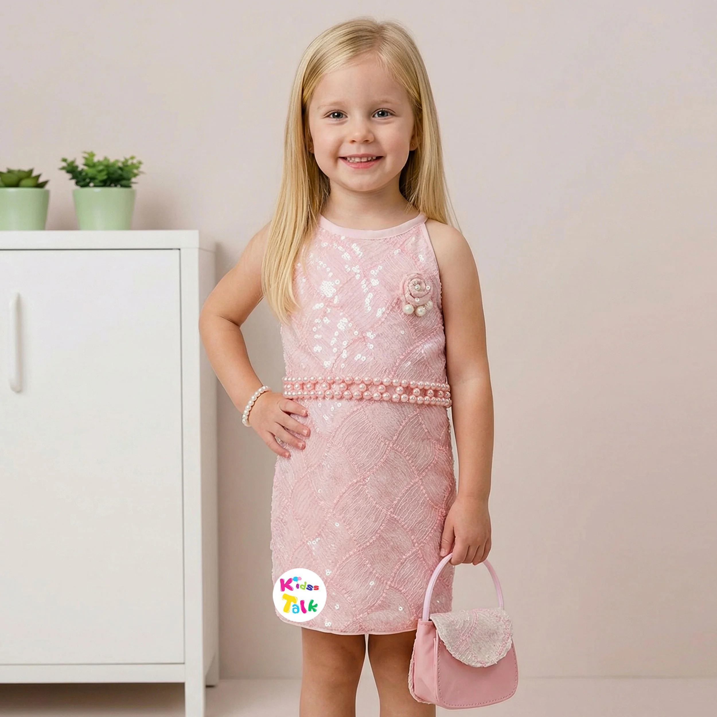 Sequins Sleeveless Party Frock With Flower Applique - Baby Pink