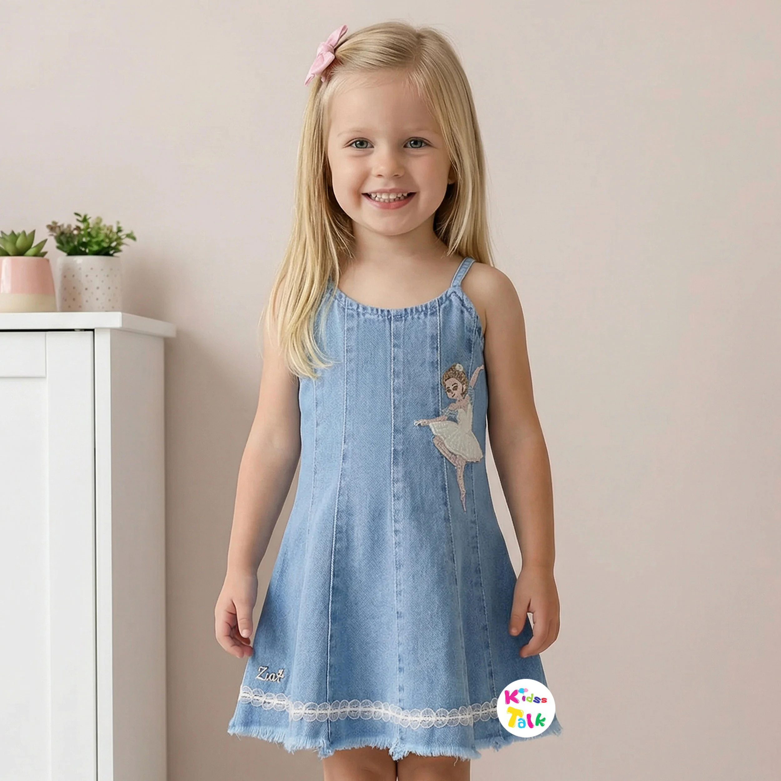 Denim Sleeveless Party Frock With Patch Work - Denim Blue