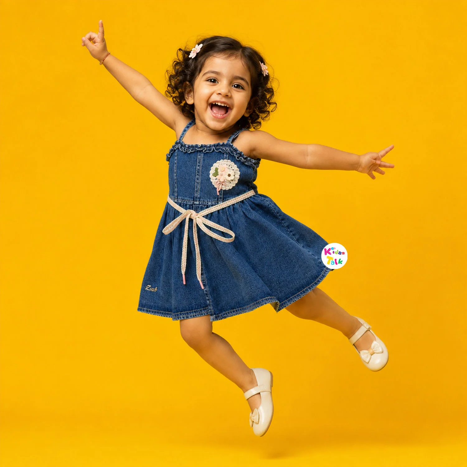 Denim Sleeveless Party Frock With Patch Work - Denim Blue