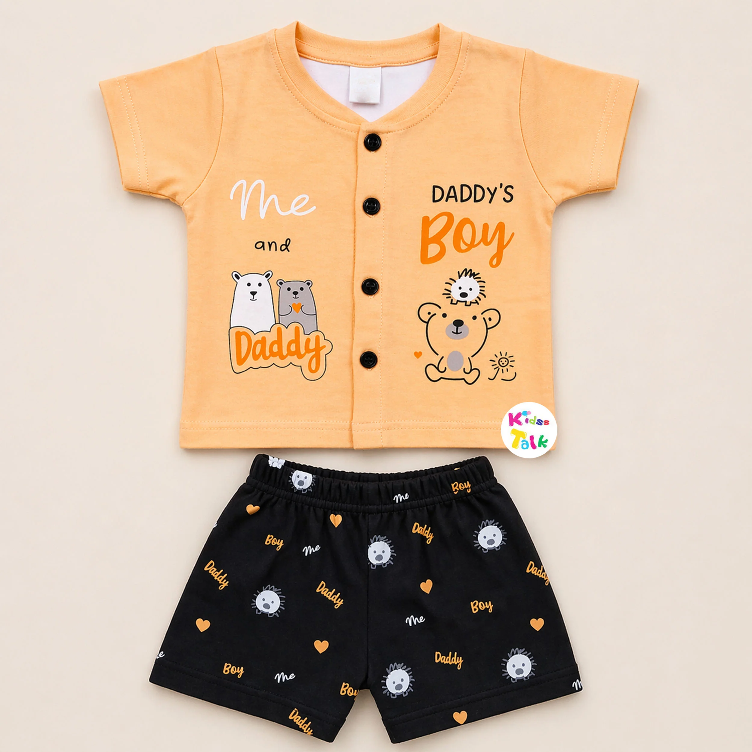 Cotton Knitted Half Sleeve T-shirt Set With Cute Print - Mustard