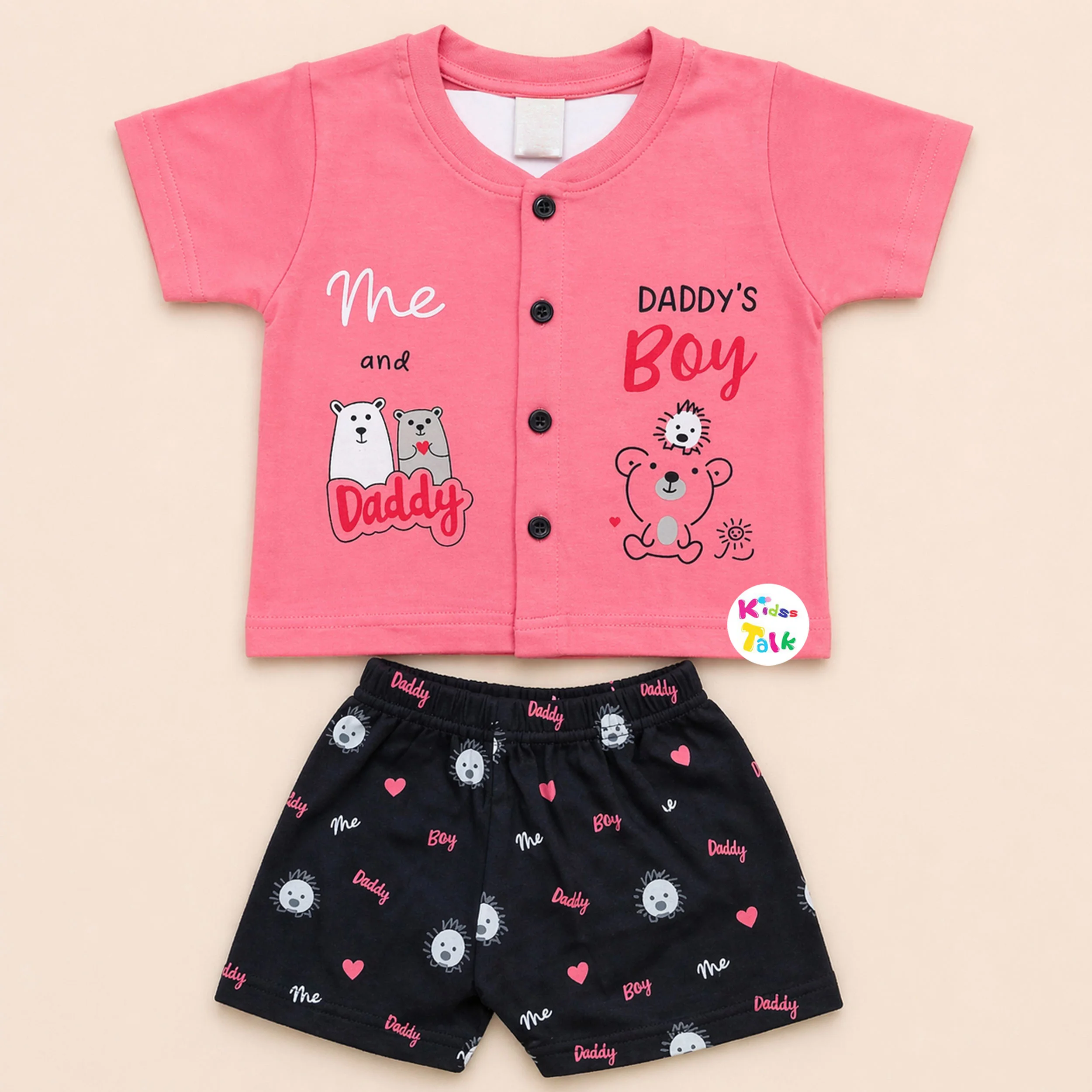 Cotton Knitted Half Sleeve T-shirt Set With Cute Print - Tomato Red