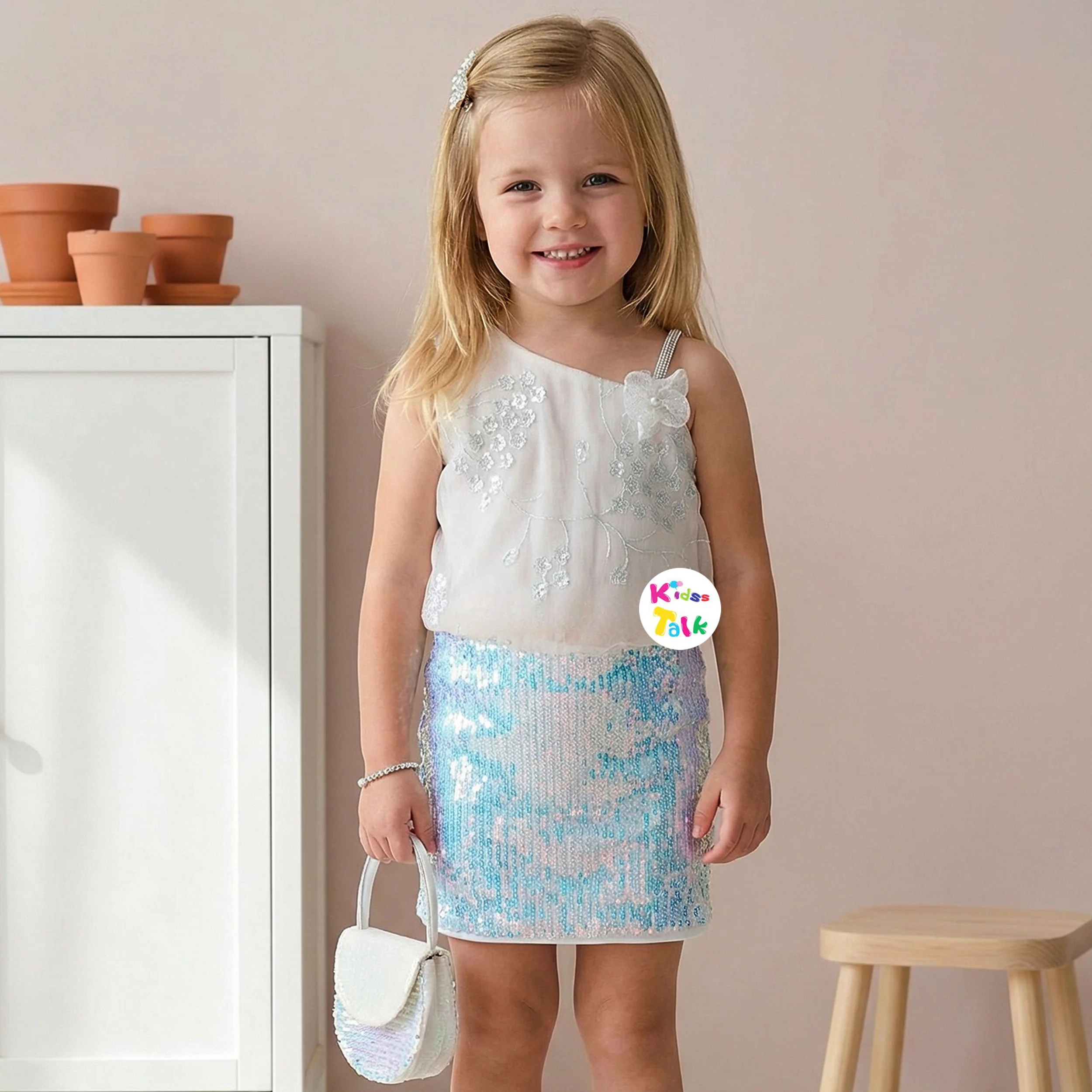 Sequins Sleeveless Party Frock With Flower Applique - White