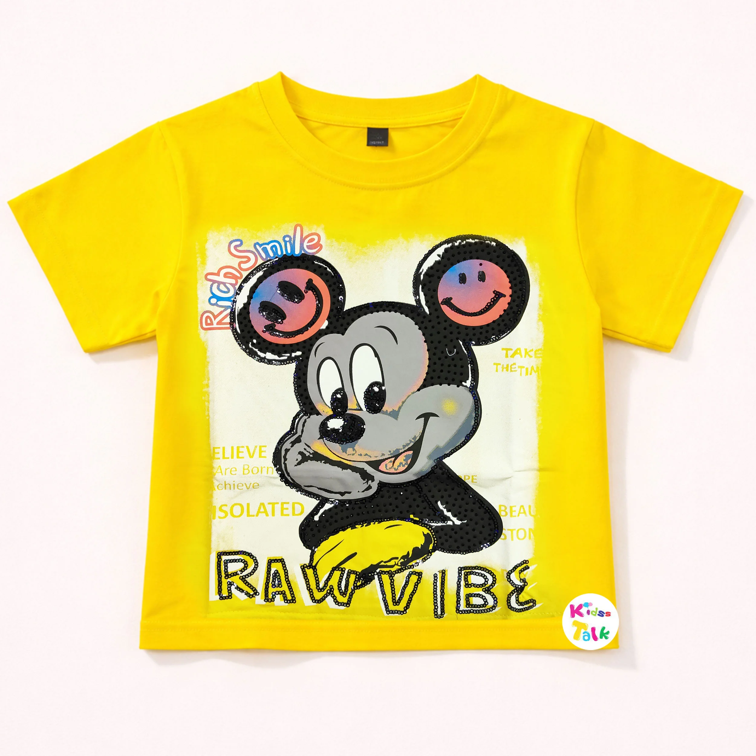 Cotton Knitted Half Sleeve Crop Top With Cute Sequins Work - Lemon Yellow