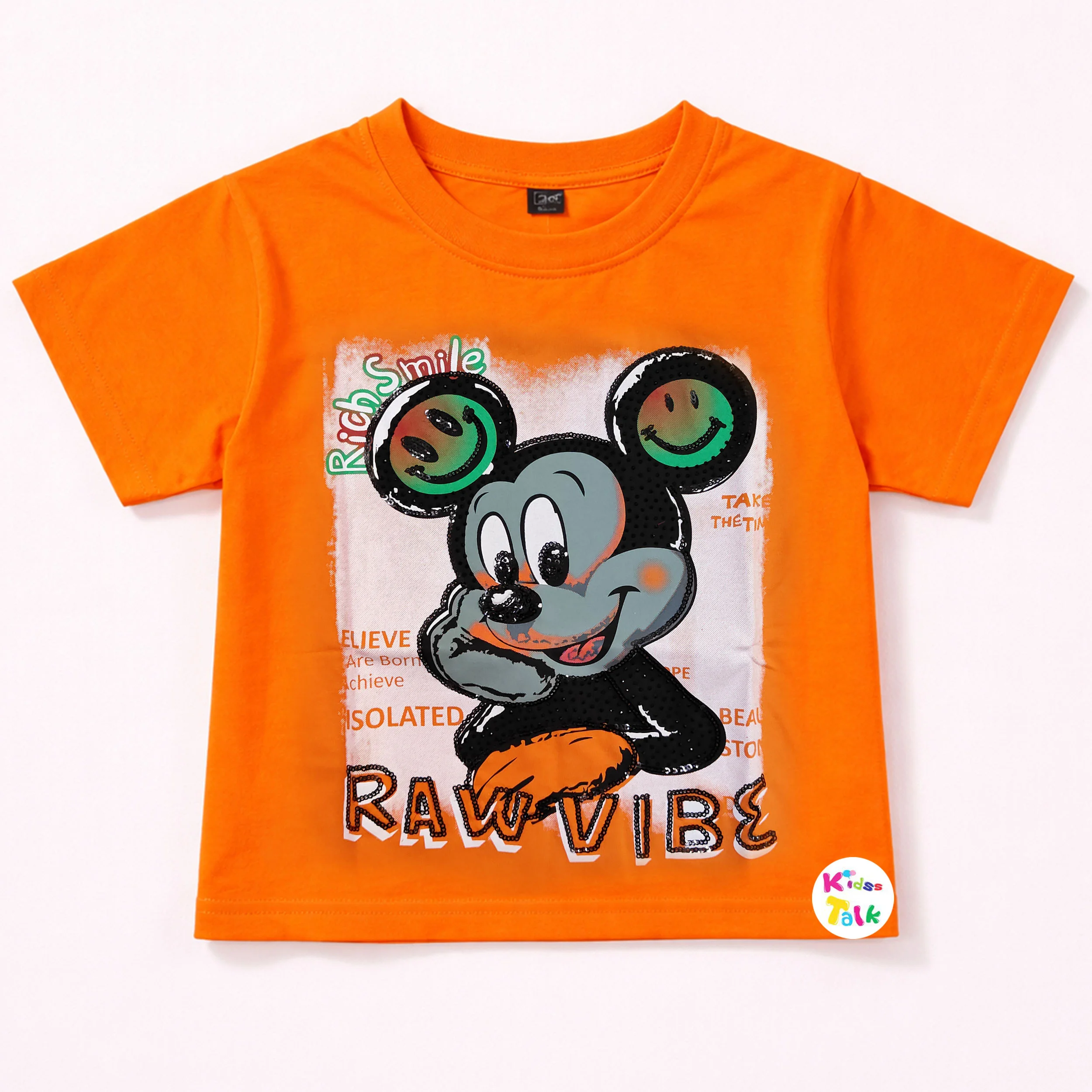 Cotton Knitted Half Sleeve Crop Top With Cute Sequins Work - Orange