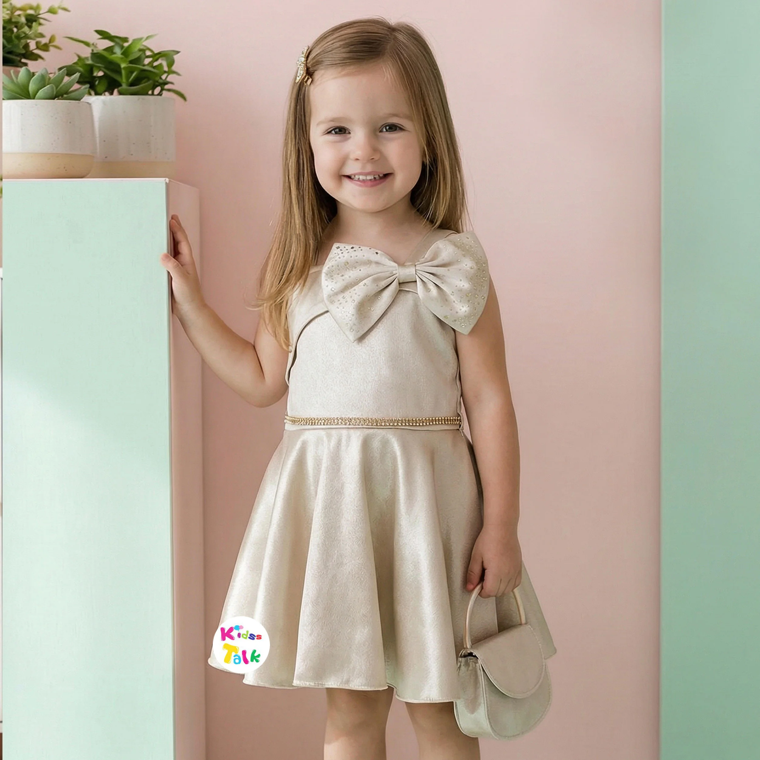 Shimmer Sleeveless Party Frock With Bow - Beige