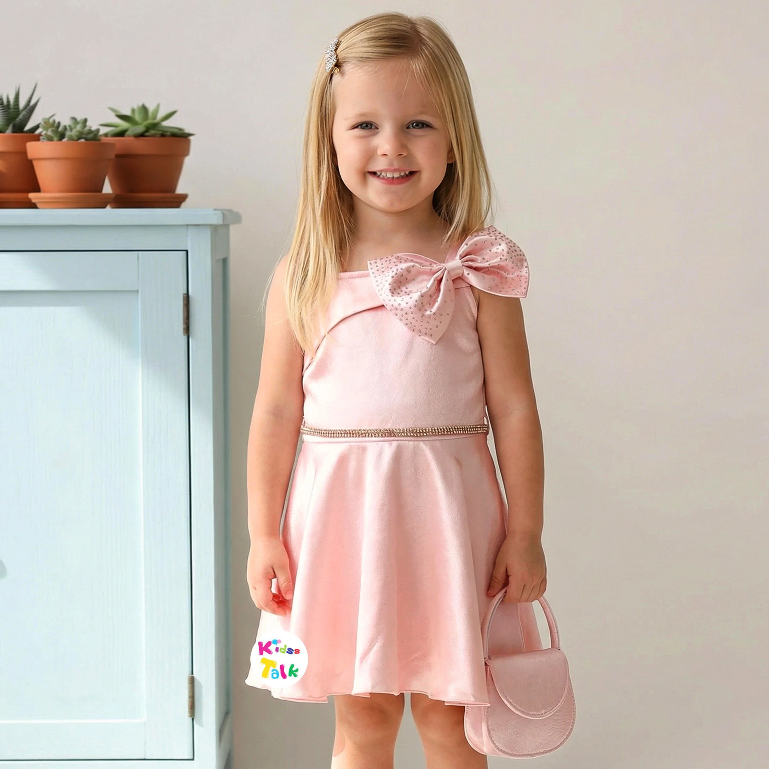 Shimmer Sleeveless Party Frock With Bow - Peach