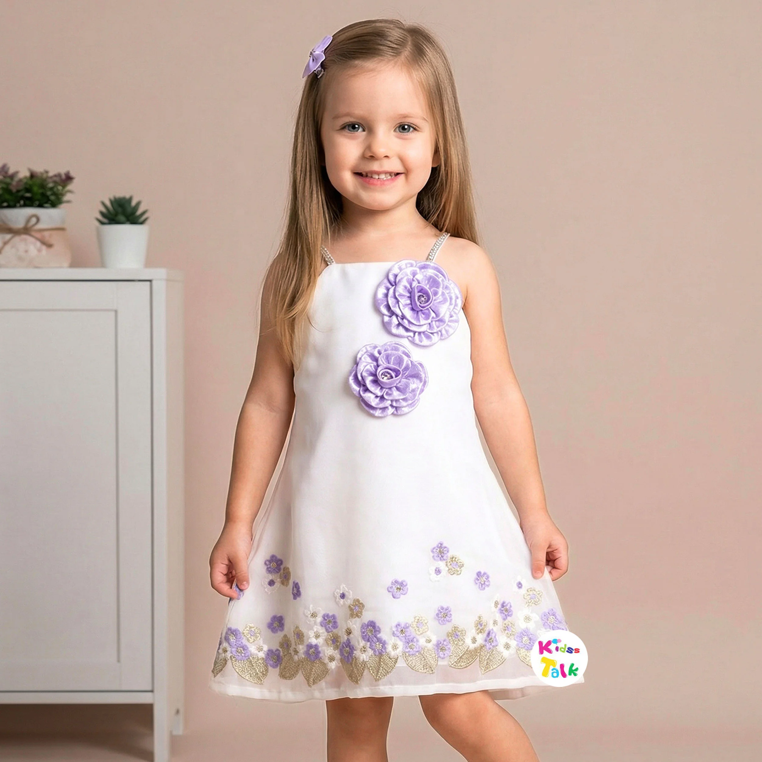 Georgette Sleeveless Party Frock With Flower Applique - Lavender