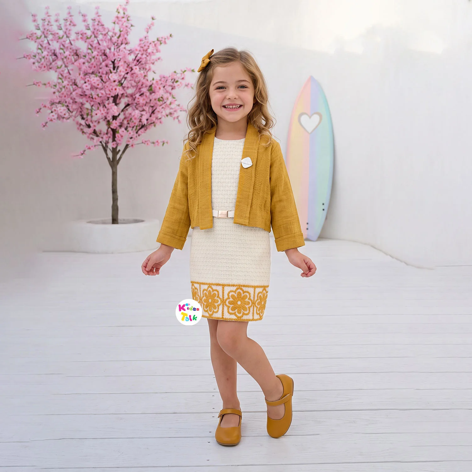 Cotton Knitted Sleeveless Party Frock With Shrug - Mustard