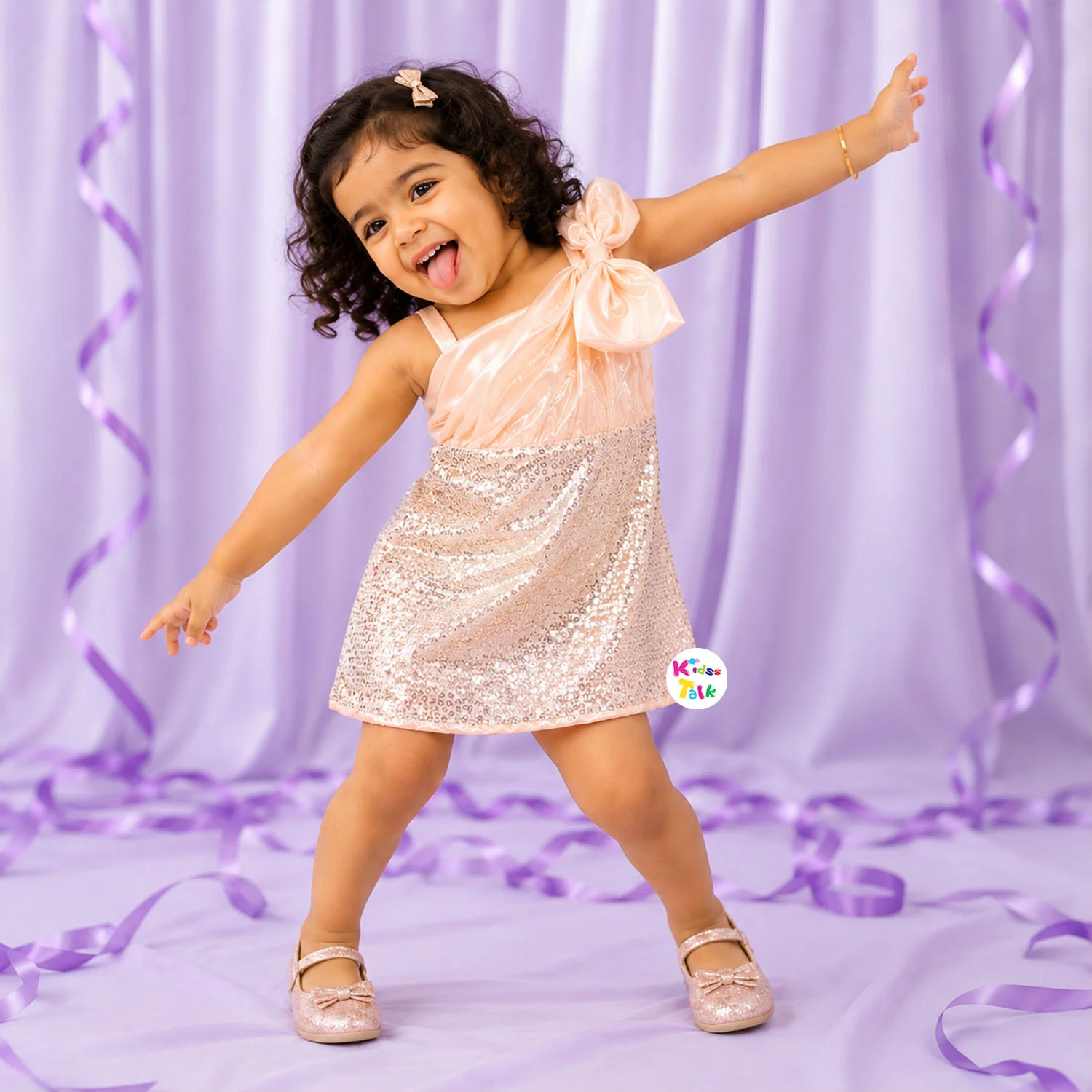 Satin Sleeveless Party Frock With Bow Applique - Peach
