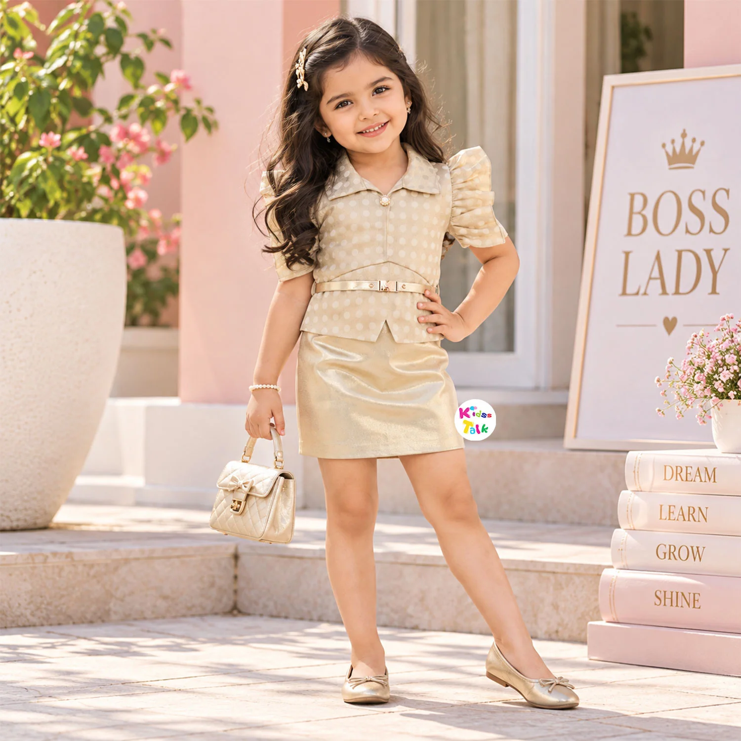 Poly Blend Puff Sleeve Party Frock - Beige