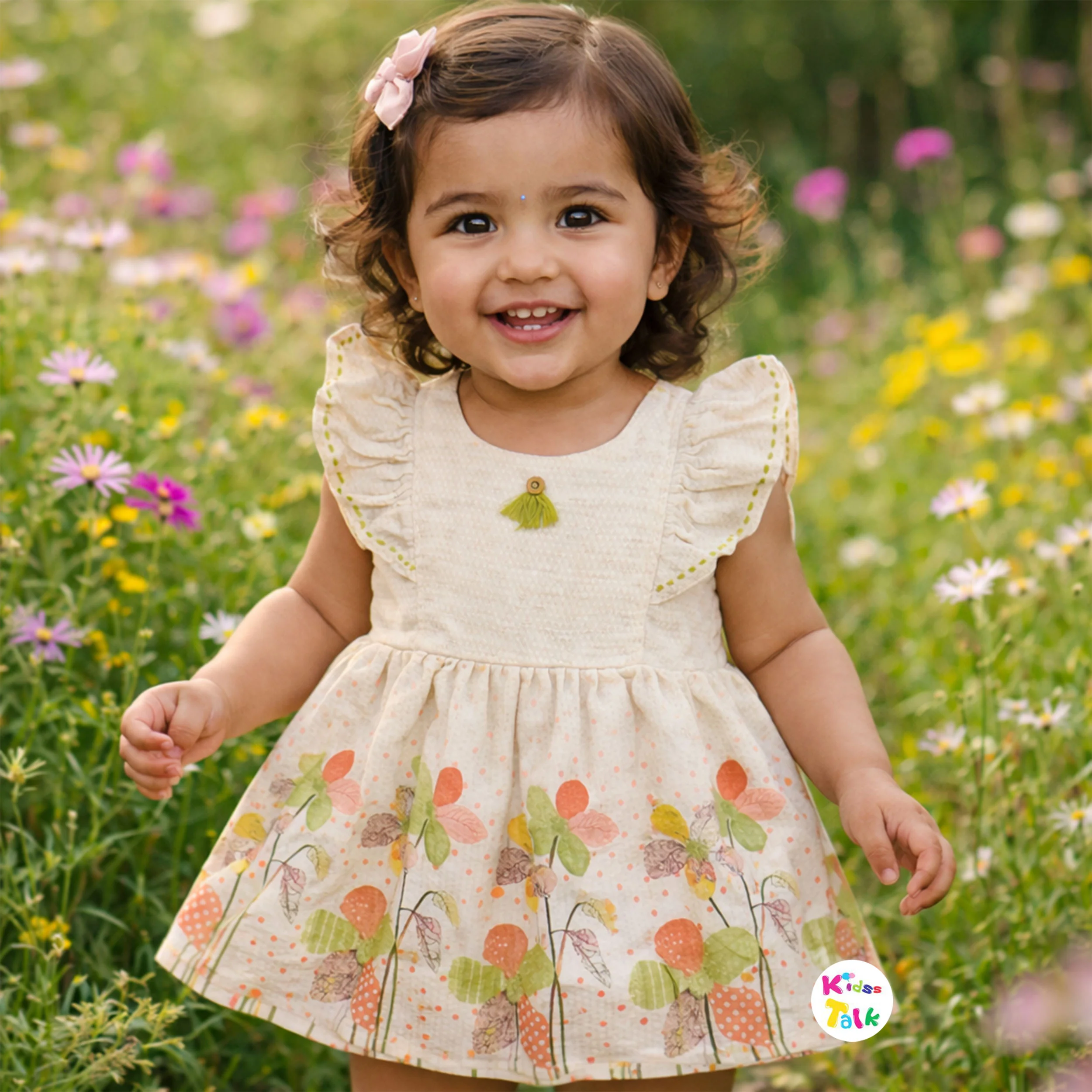 Cotton Half Sleeve Frock With Cute Printed - Beige