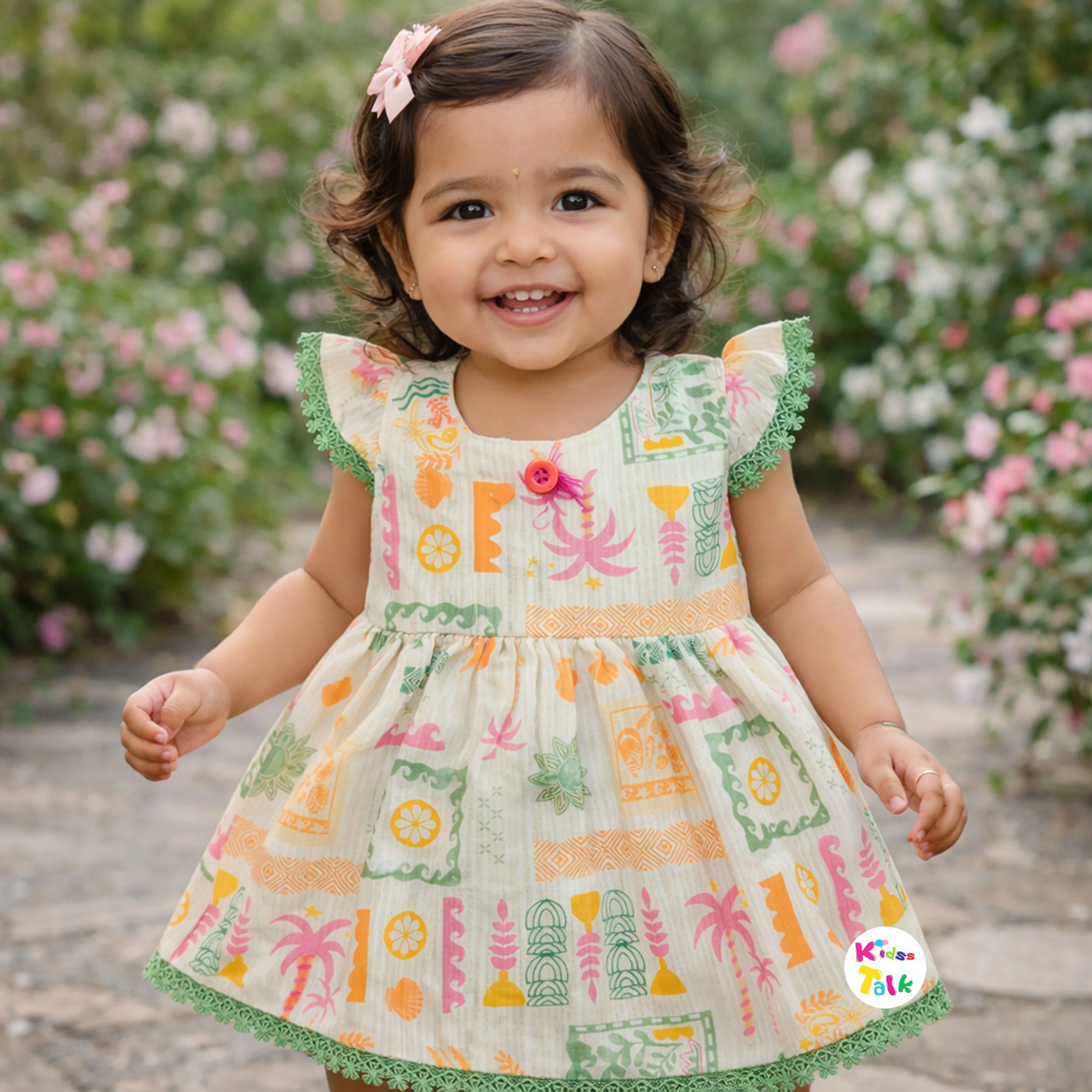 Georgette Half Sleeve Frock With Cute Printed - Green