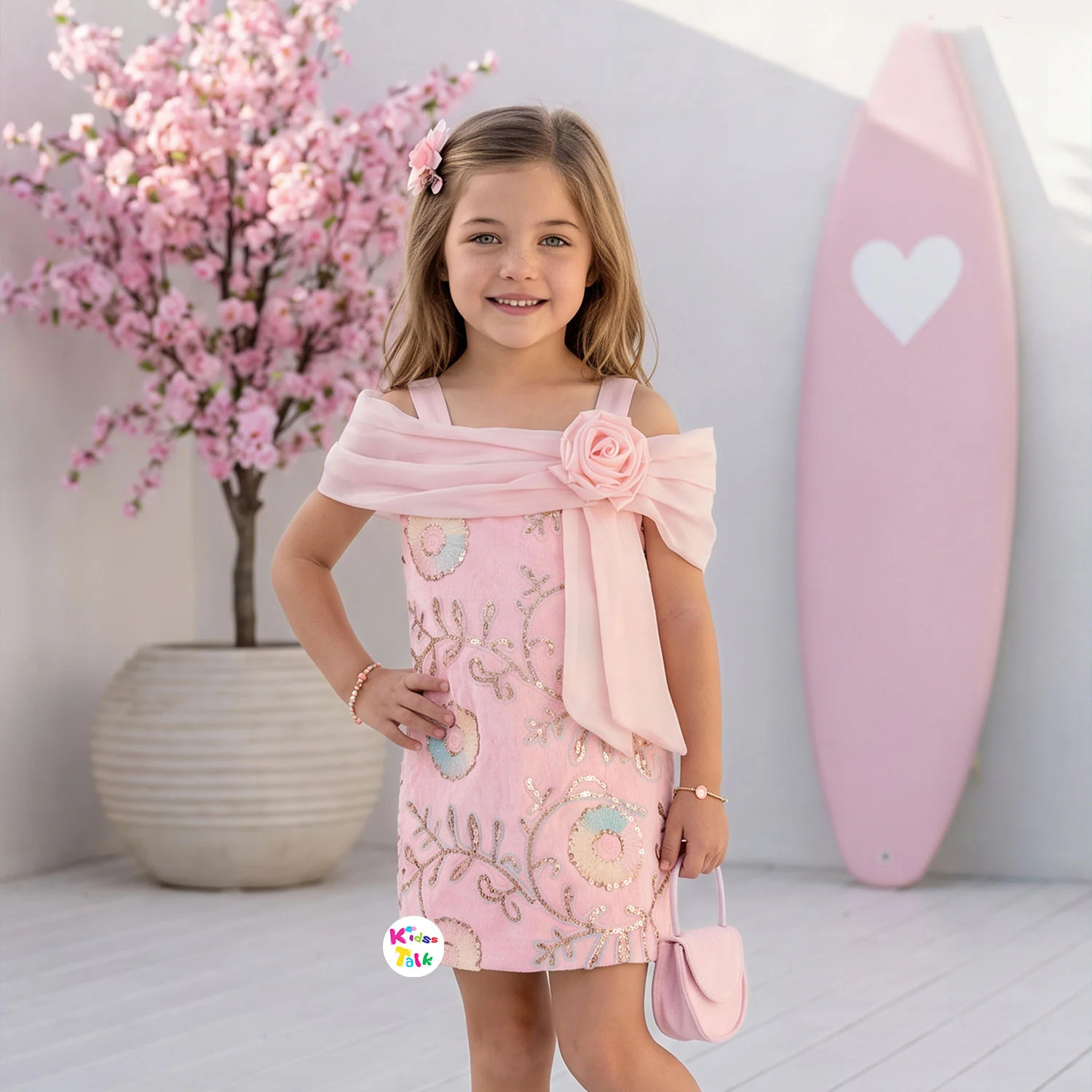 Satin Off Shoulder Party Frock With Sequins Work & Flower Applique - Baby Pink