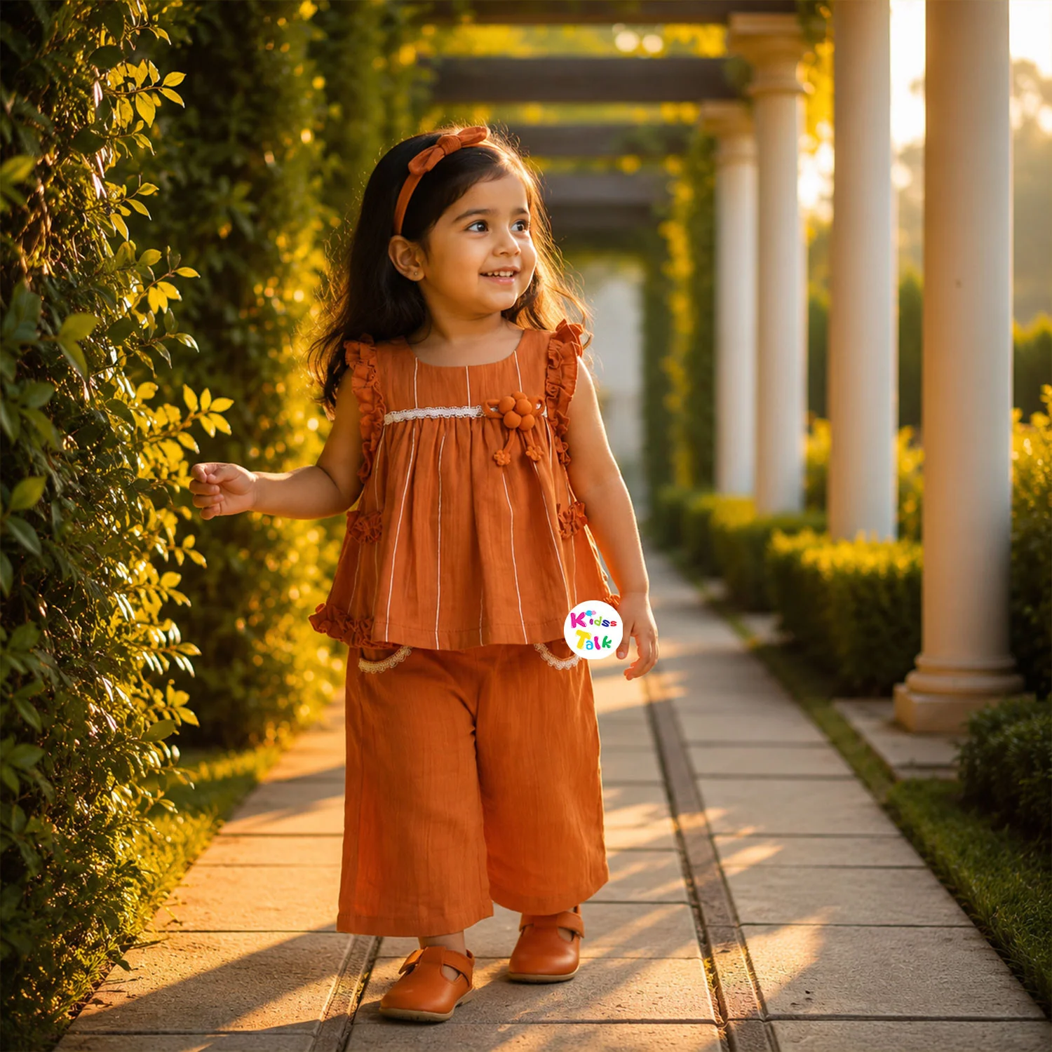 Cotton Sleeveless Top With Cute Patch Work & Culottes - Orange