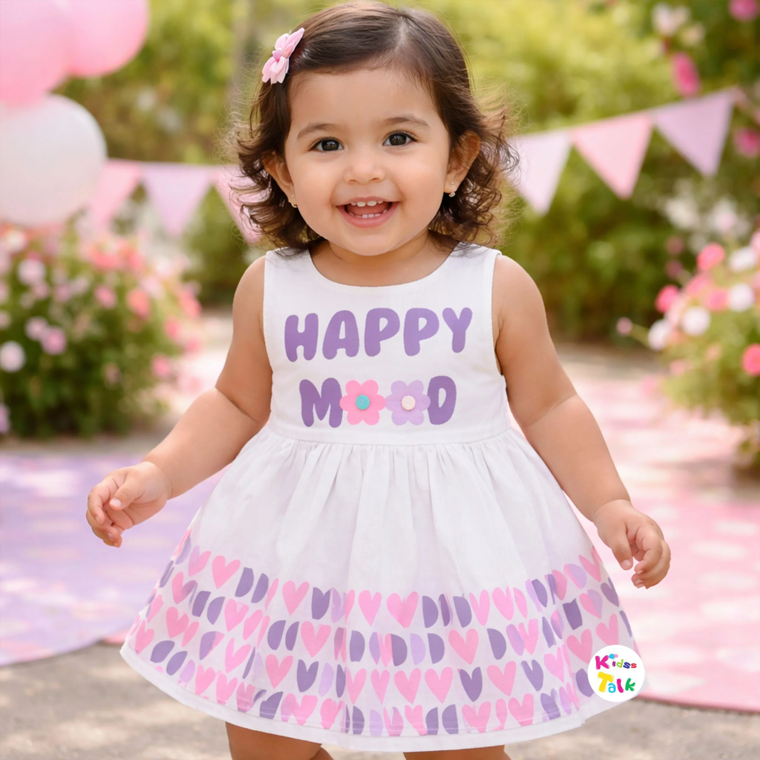Cotton Sleeveless Frock With Cute Printed - Baby Pink