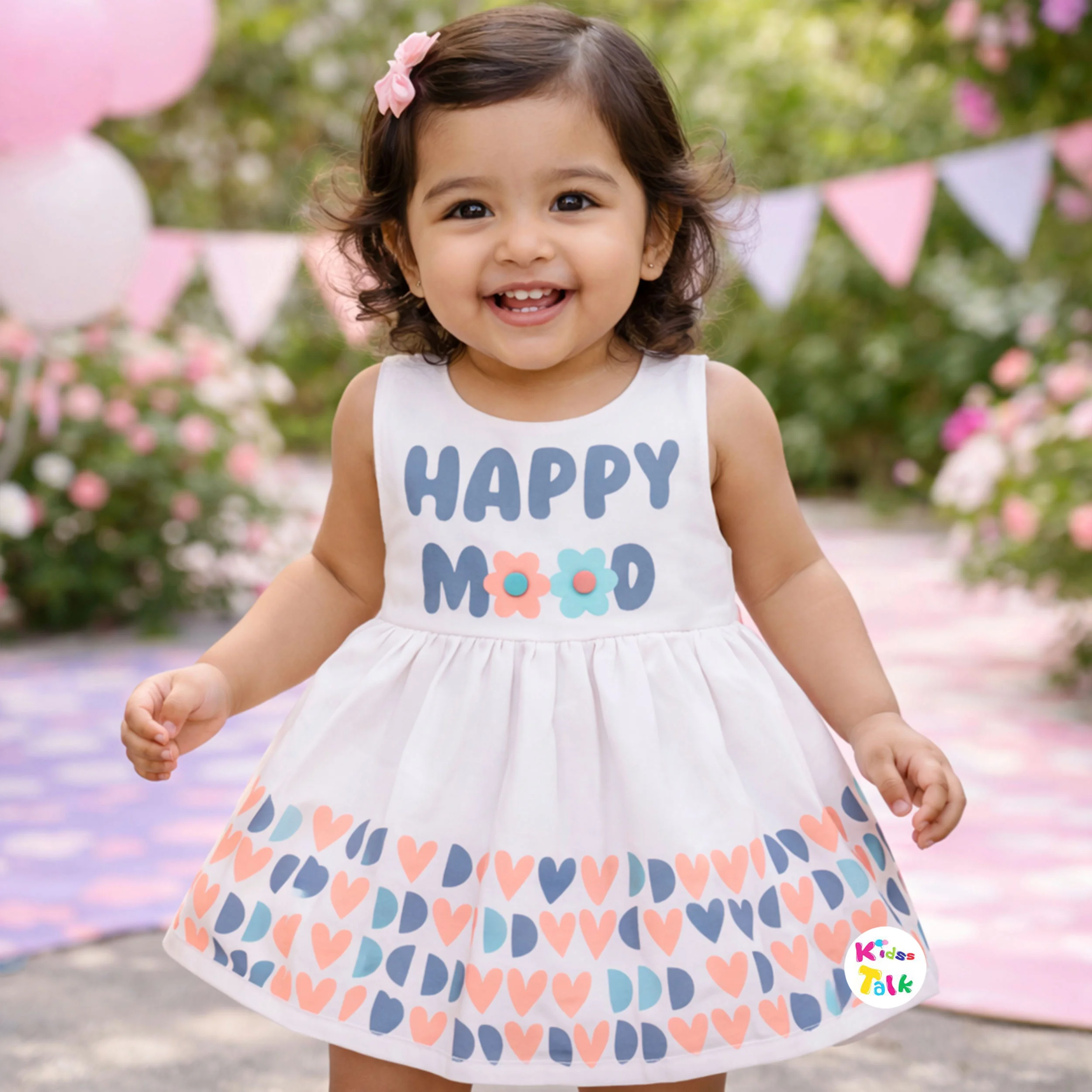 Cotton Sleeveless Frock With Cute Printed - Peach