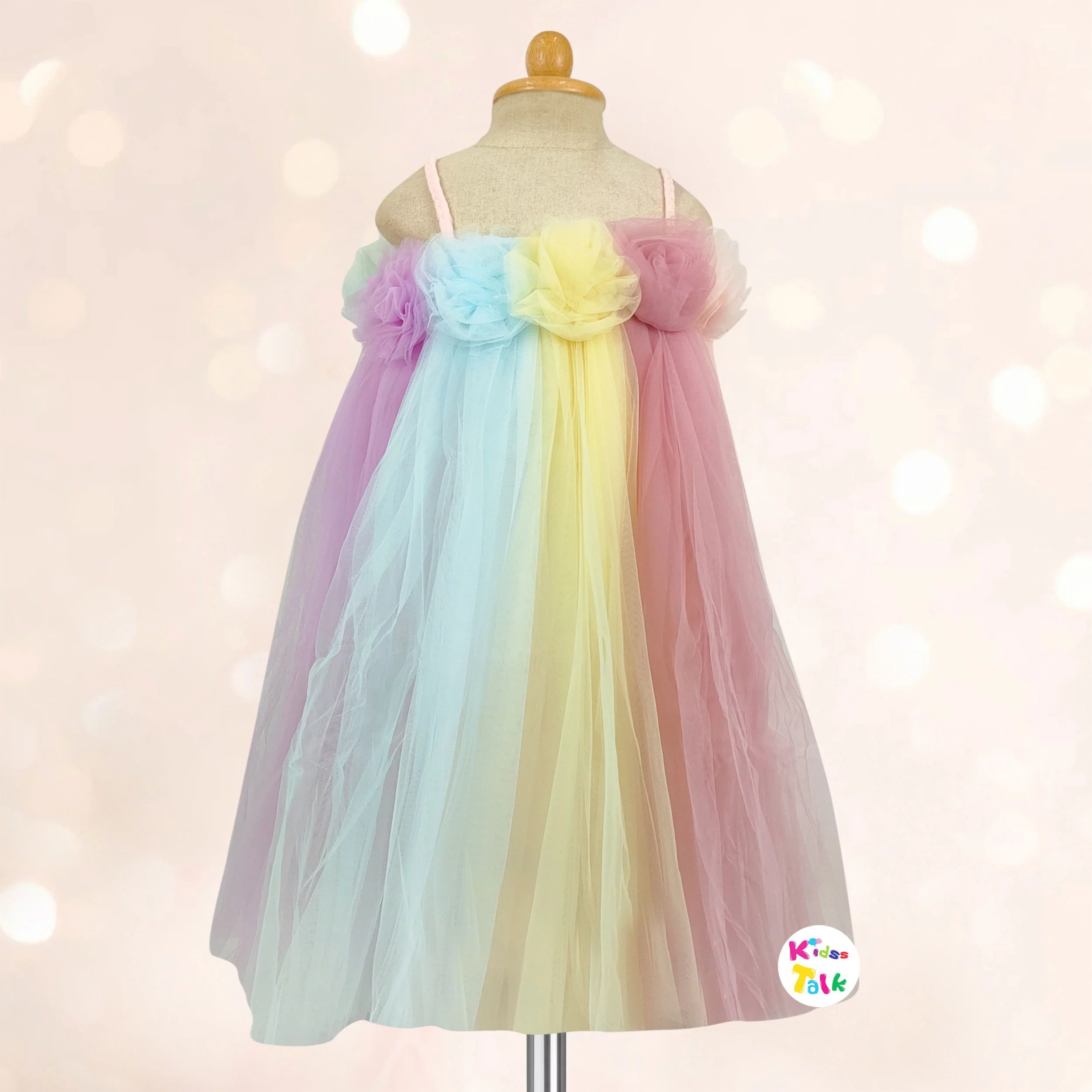 Net Sleeveless Party Frock With Flower - Multicolour