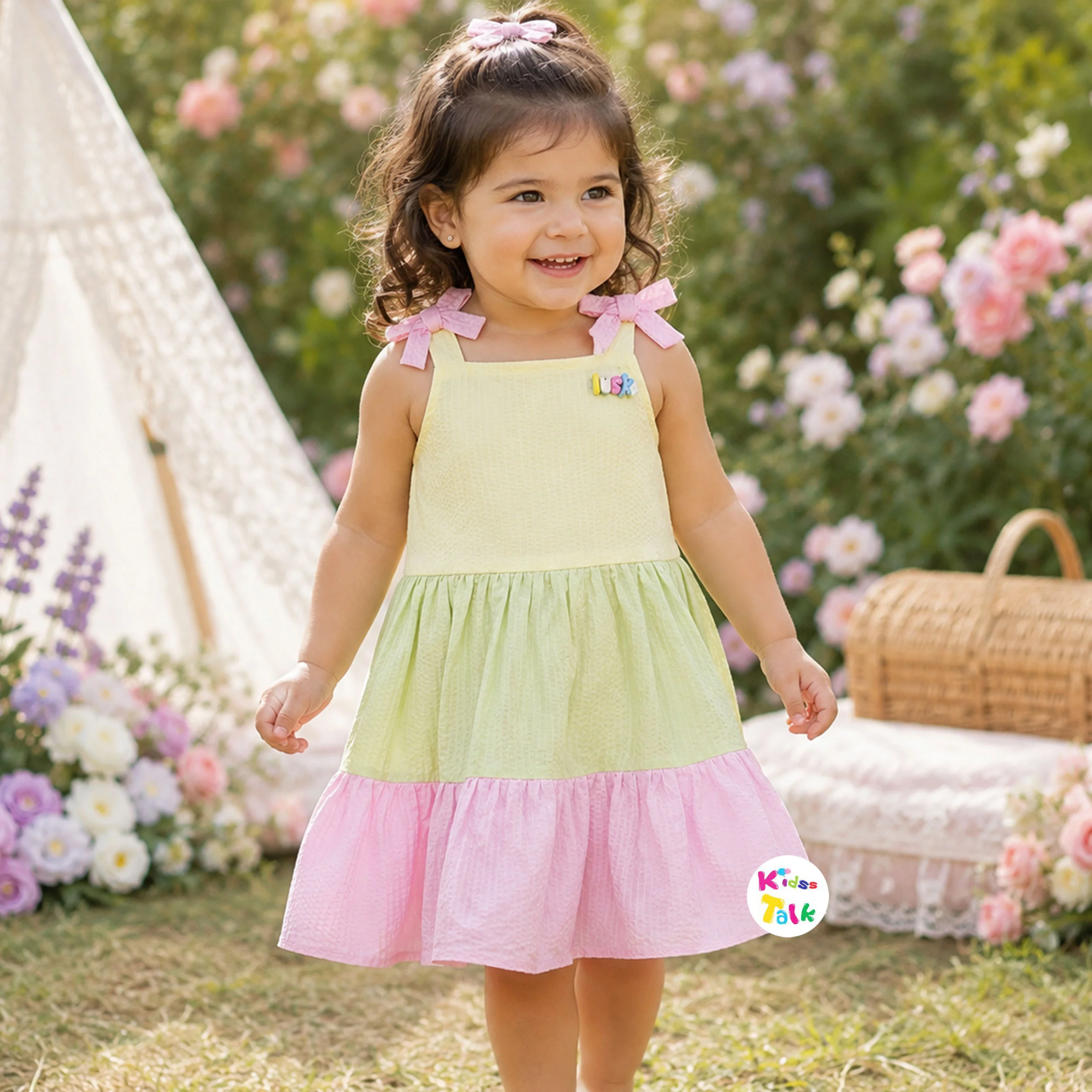 Cute Seer Sucker Panel Sleeveless Frock - Lemon Yellow