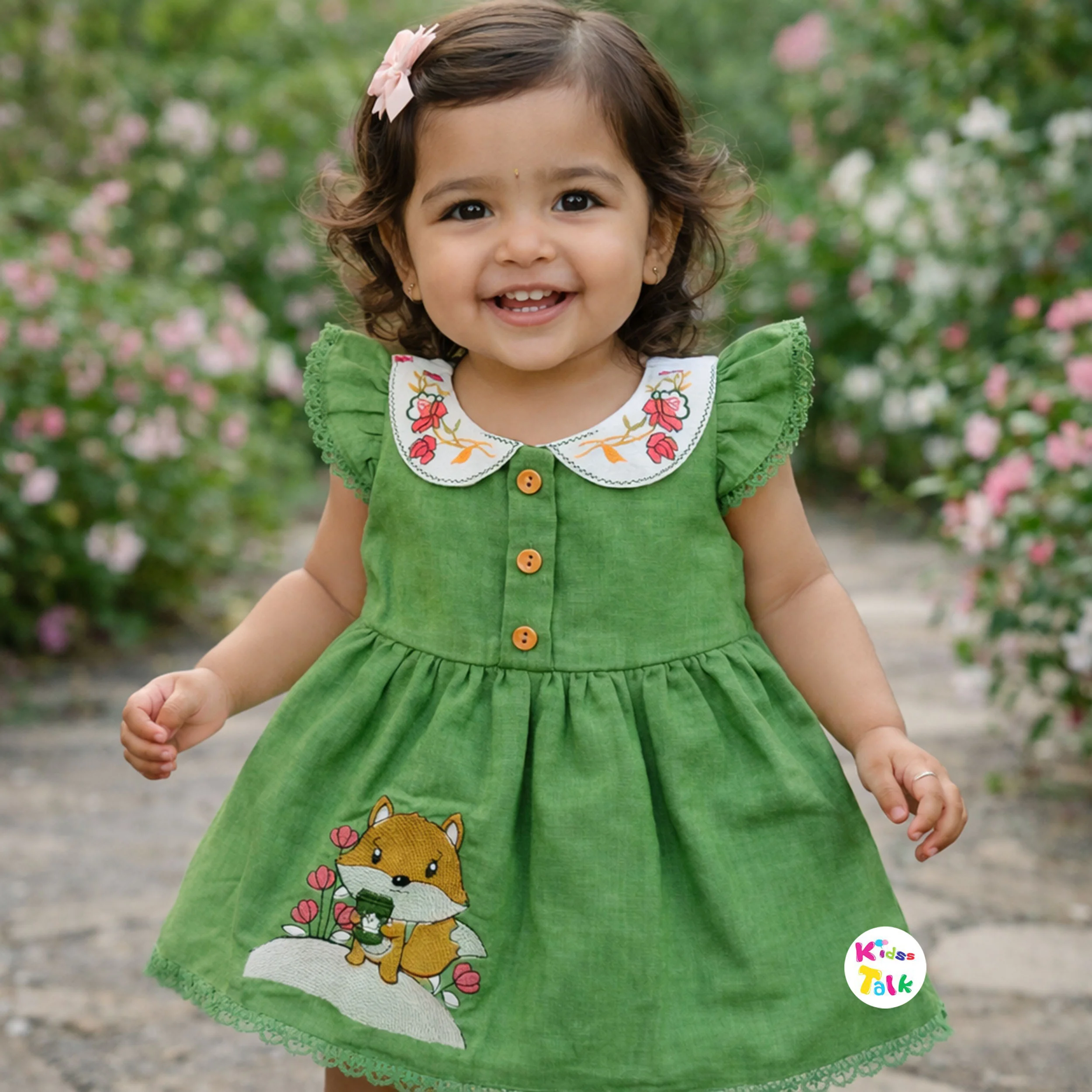 Cotton Half Sleeve Frock With Cute Embroidered - Olive Green