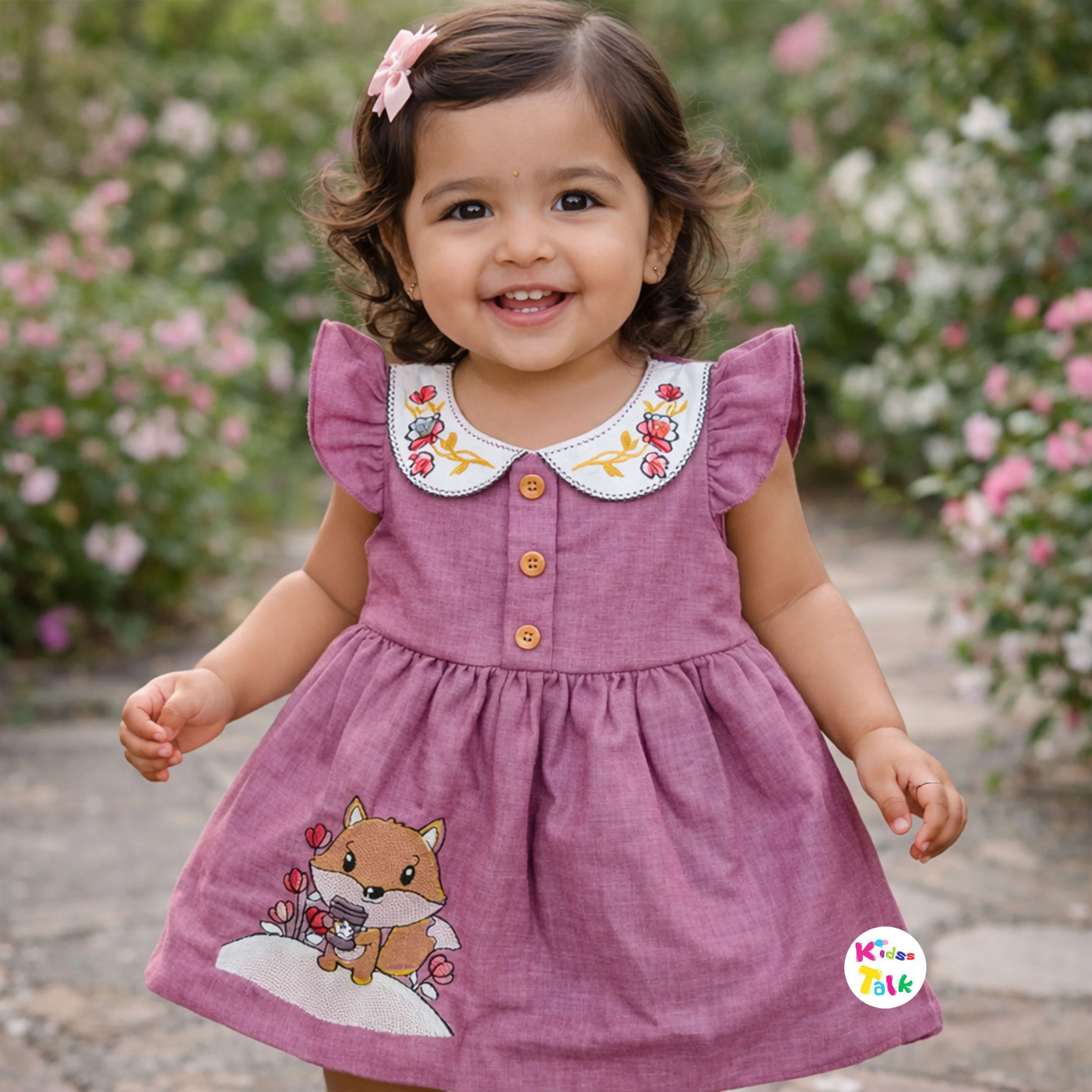 Cotton Half Sleeve Frock With Cute Embroidered - Onion Pink