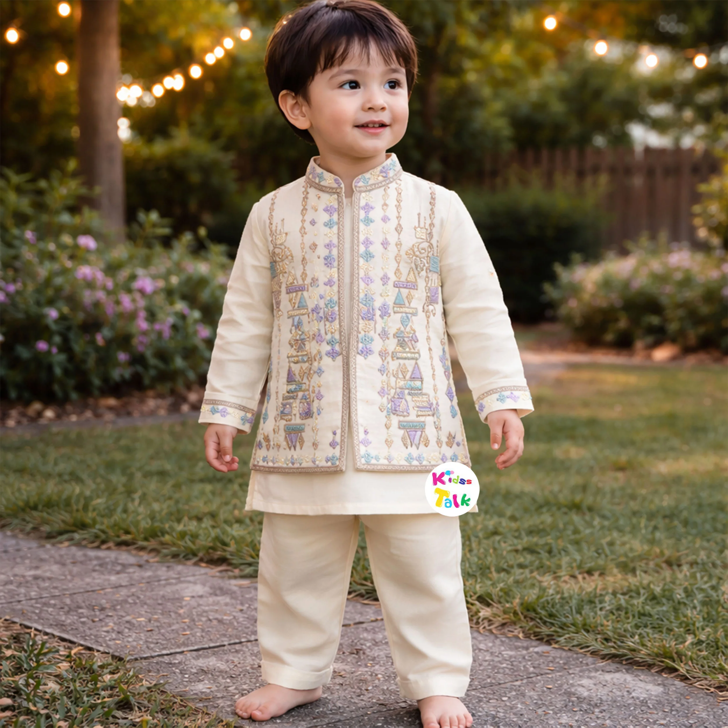 Satin Full Sleeve Kurta With Embroidered Jacket & Pyjama - Peach