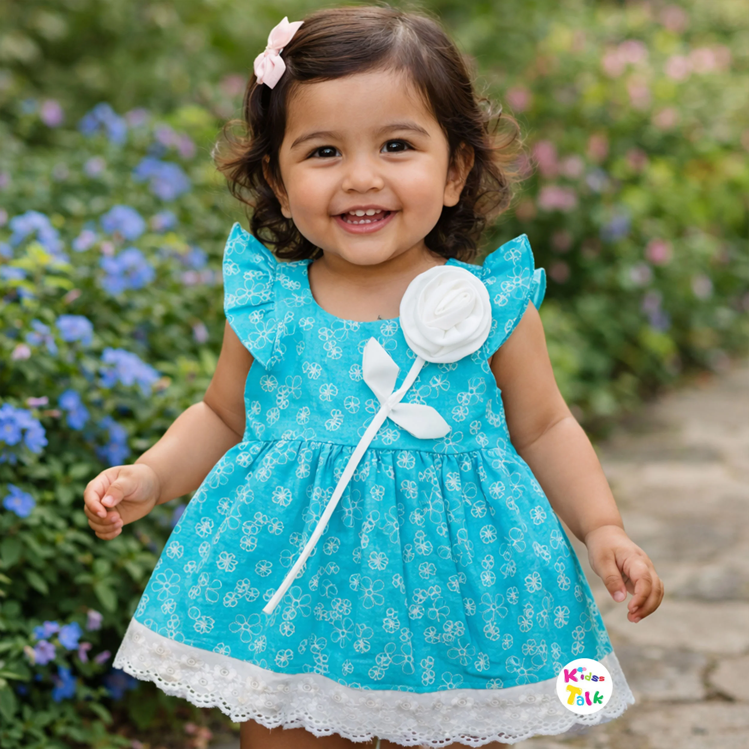 Cotton Half Sleeve Frock With Cute Embroidered - Turquoise