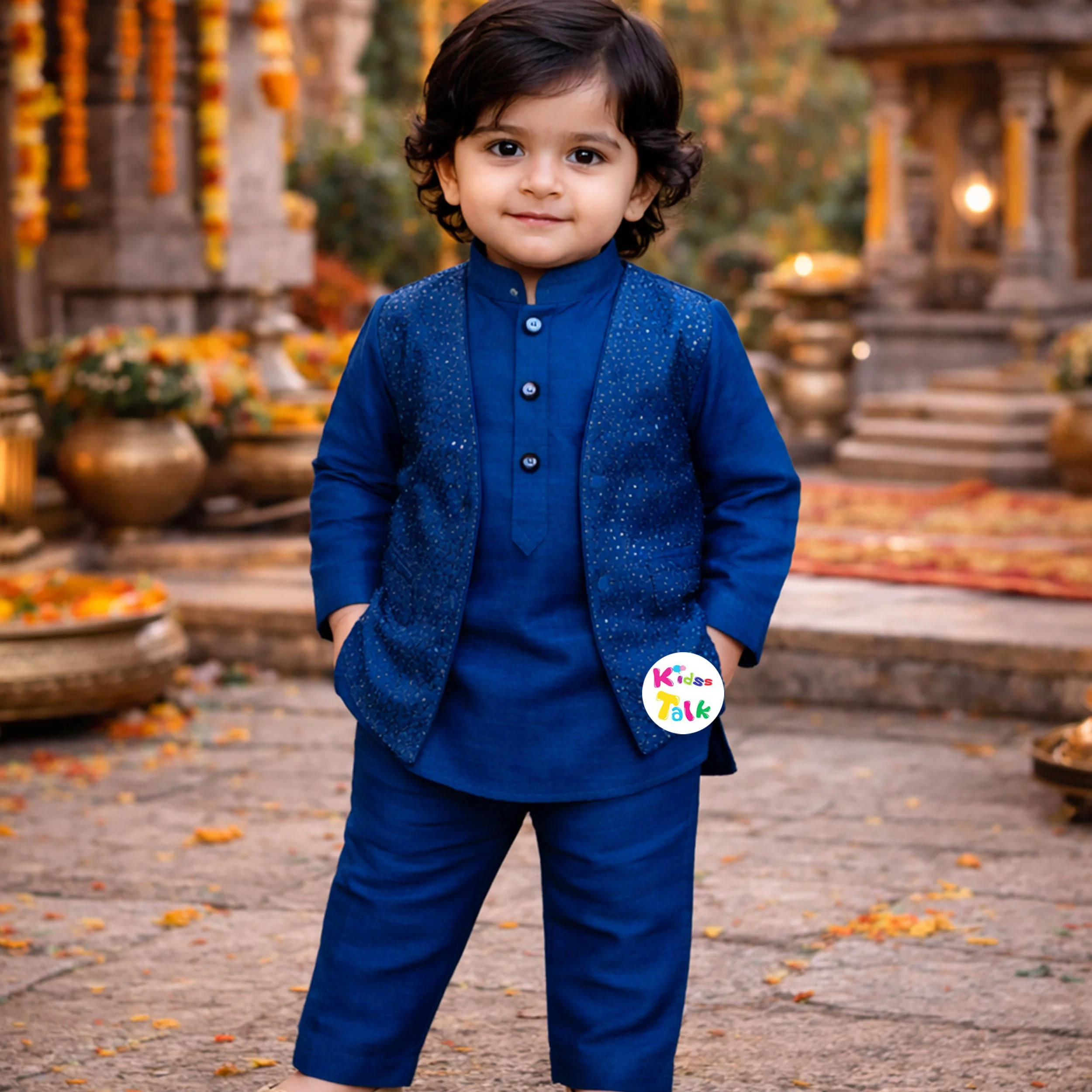Cotton Full Sleeve Kurta With Sequins Jacket & Pyjama - Blue