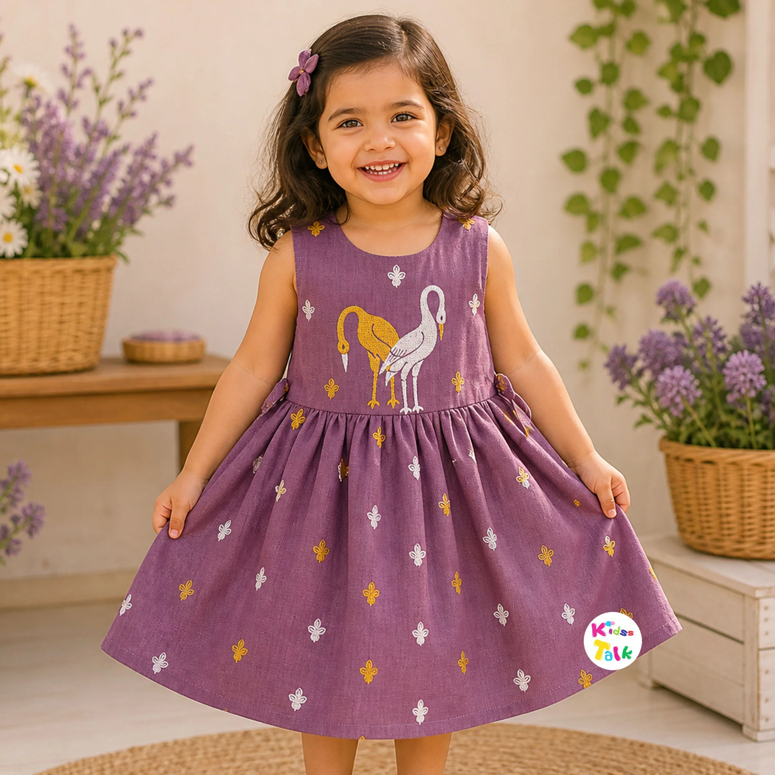 Cute Cotton Embroidery Sleeveless Frock - Onion Pink