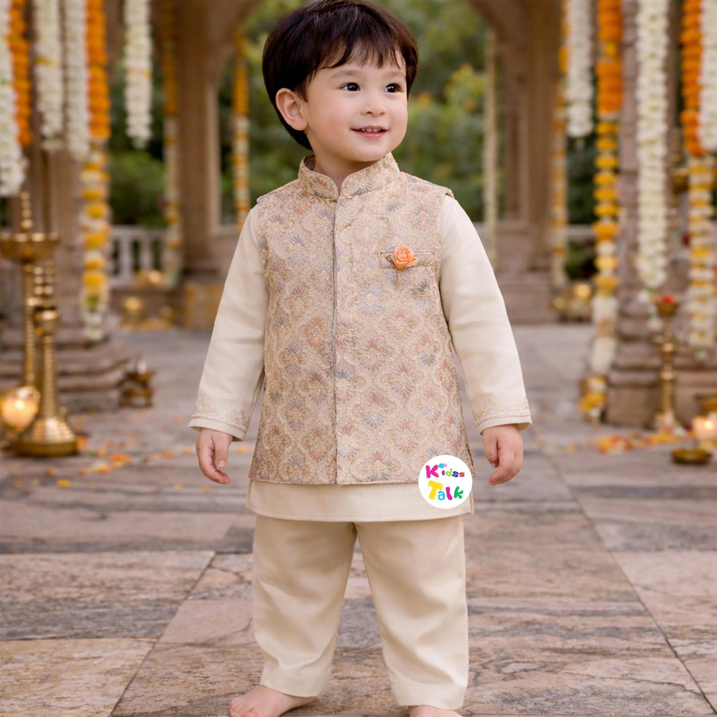 Satin Full Sleeve Kurta With Embroidered Jacket & Pyjama - Beige