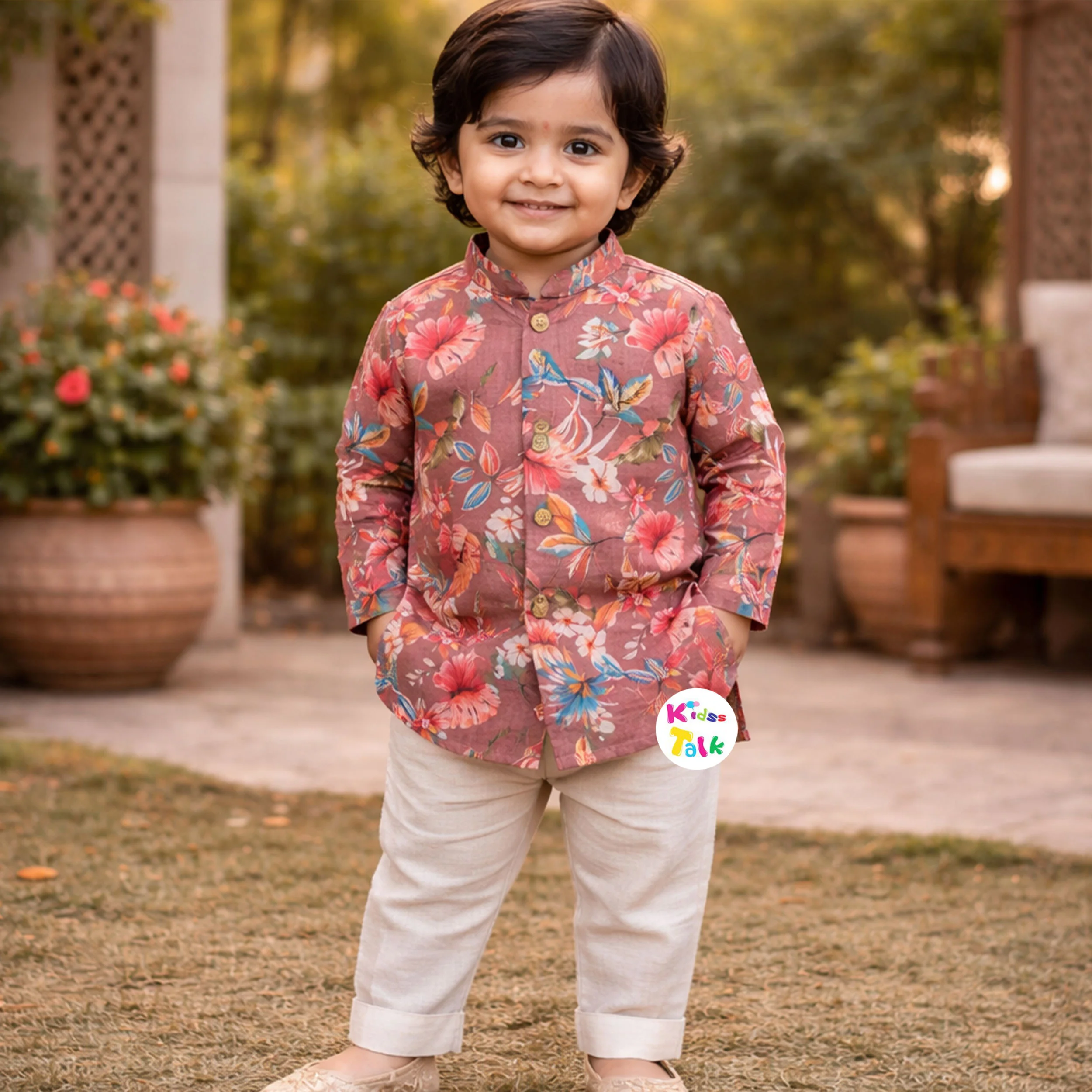 Cotton Full Sleeve Kurta With Printed Jacket & Pyjama - Rust Orange