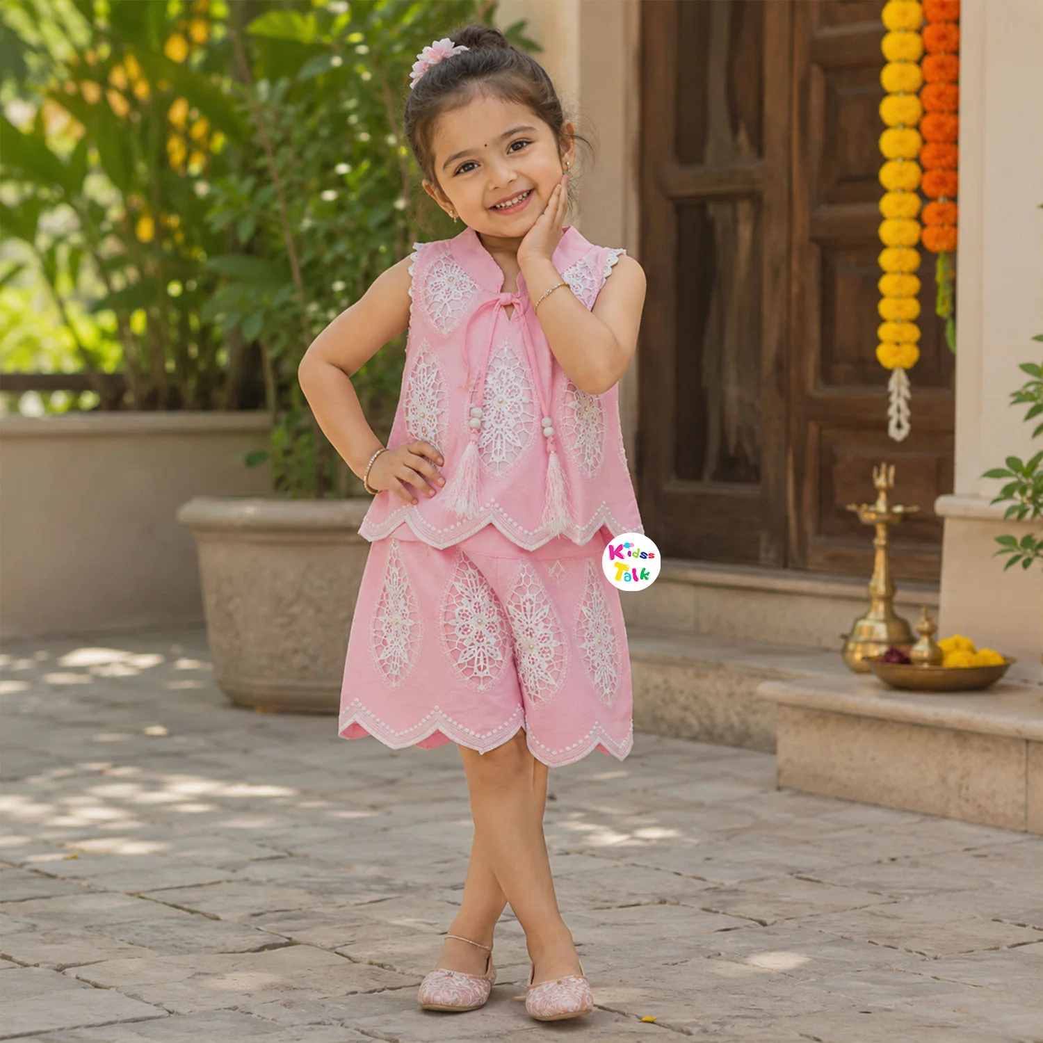 Cotton Sleeveless Embroidered Top With Shorts - Baby Pink