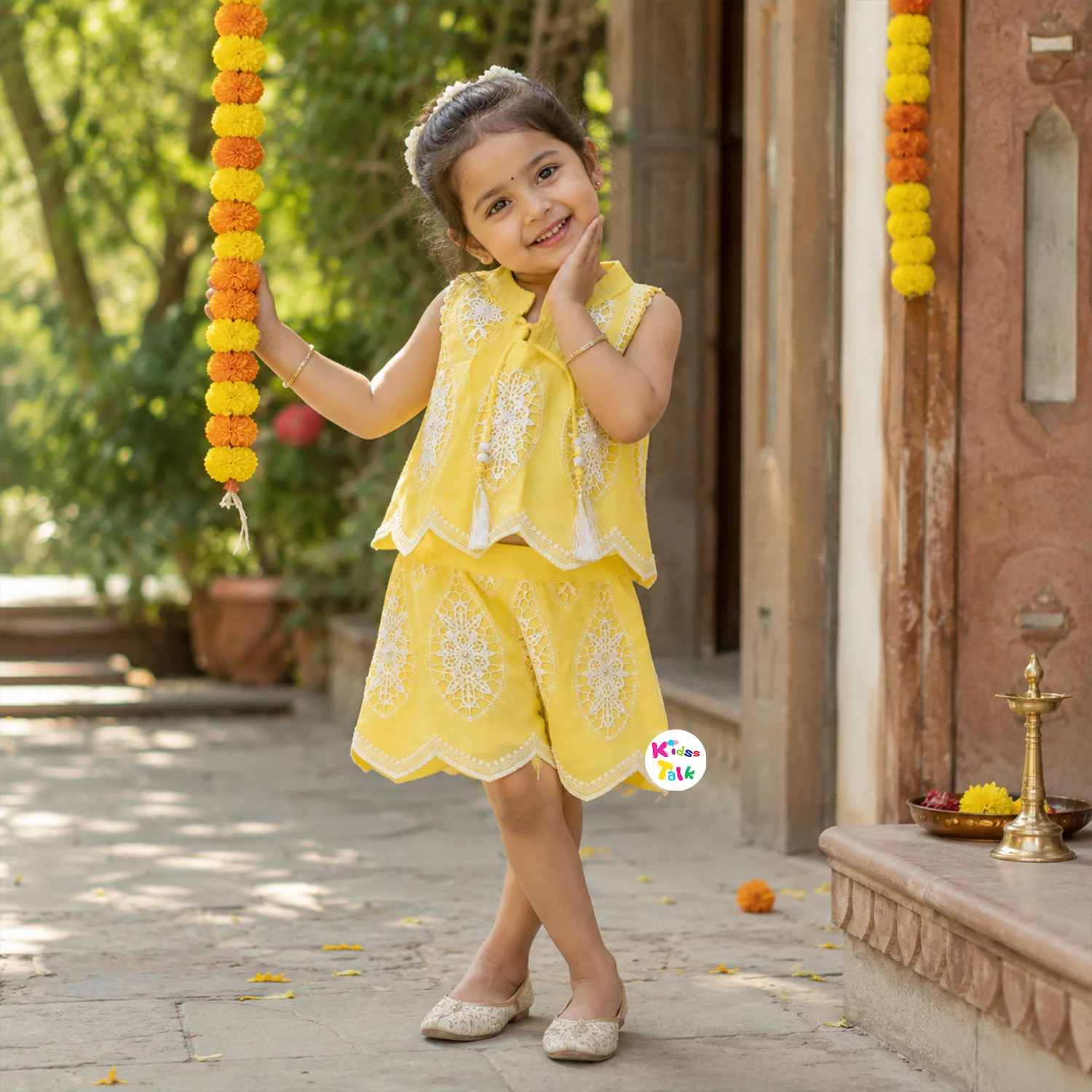 Cotton Sleeveless Embroidered Top With Shorts - Lemon Yellow