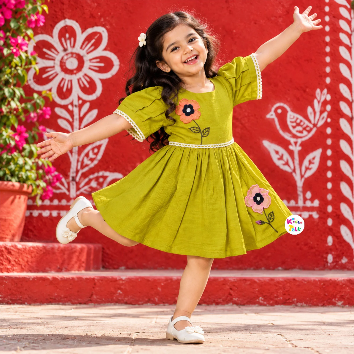 Cotton Puff Sleeve Frock With Flower Patch Work - Lime Green